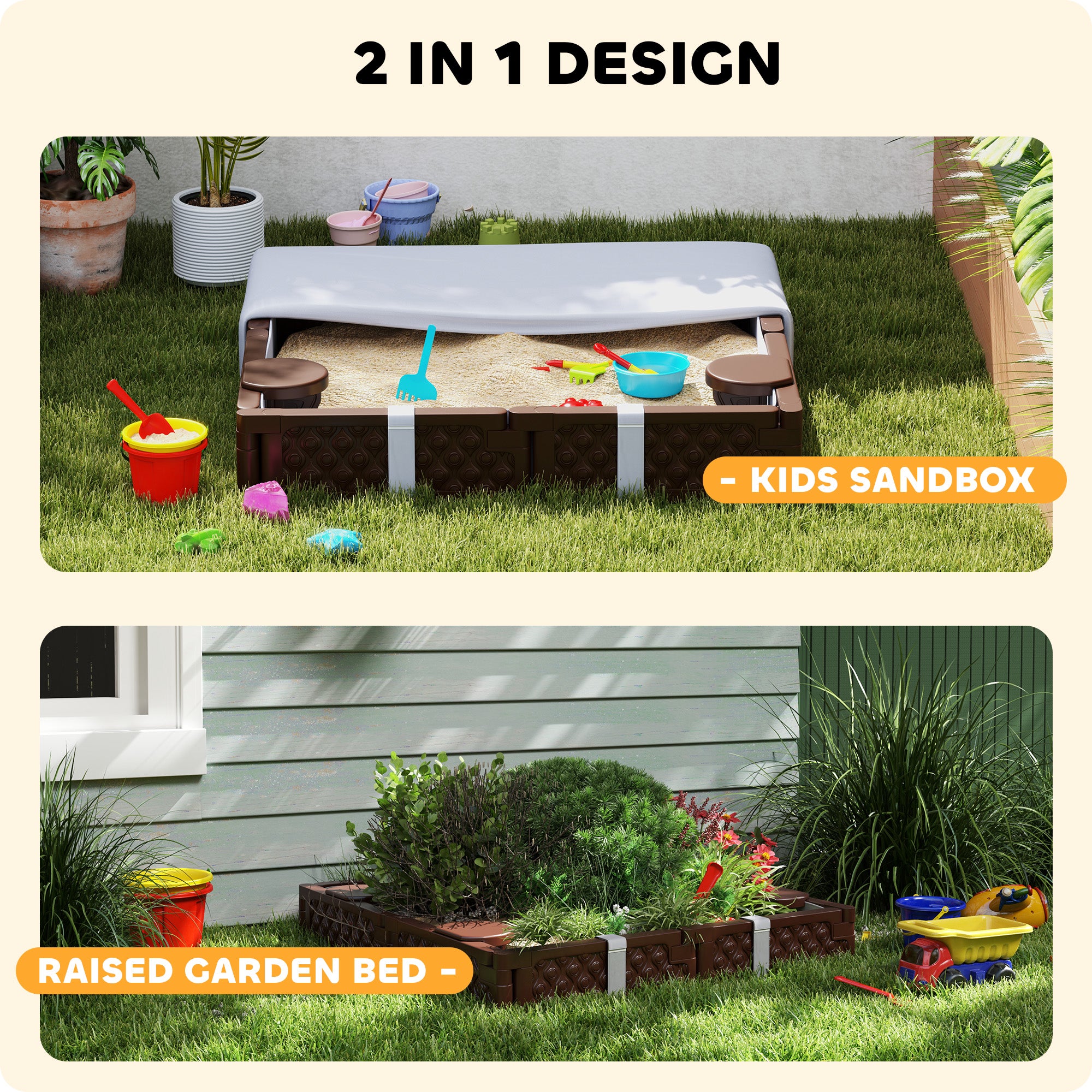 Kids Sandbox with Cover, 4 Corner Seats, Bottom Liner for Backyard, Garden, Outdoor, 47" x 47" x 9", Dark Brown