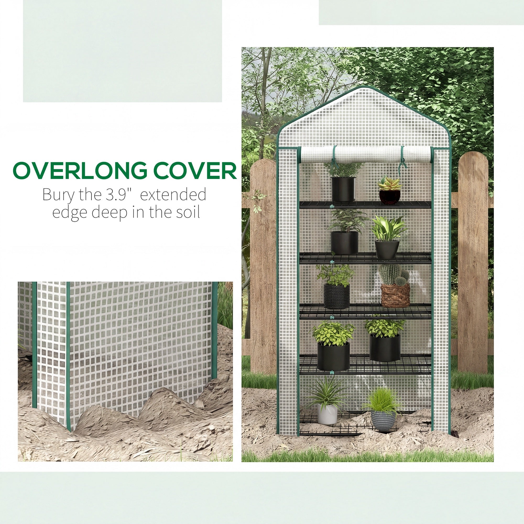 5 Tier Mini Greenhouse, Small Portable Greenhouse with PE Cover, Roll-Up Zippered Door, 76" x 35.4" x 19.3", White - White - Image 8