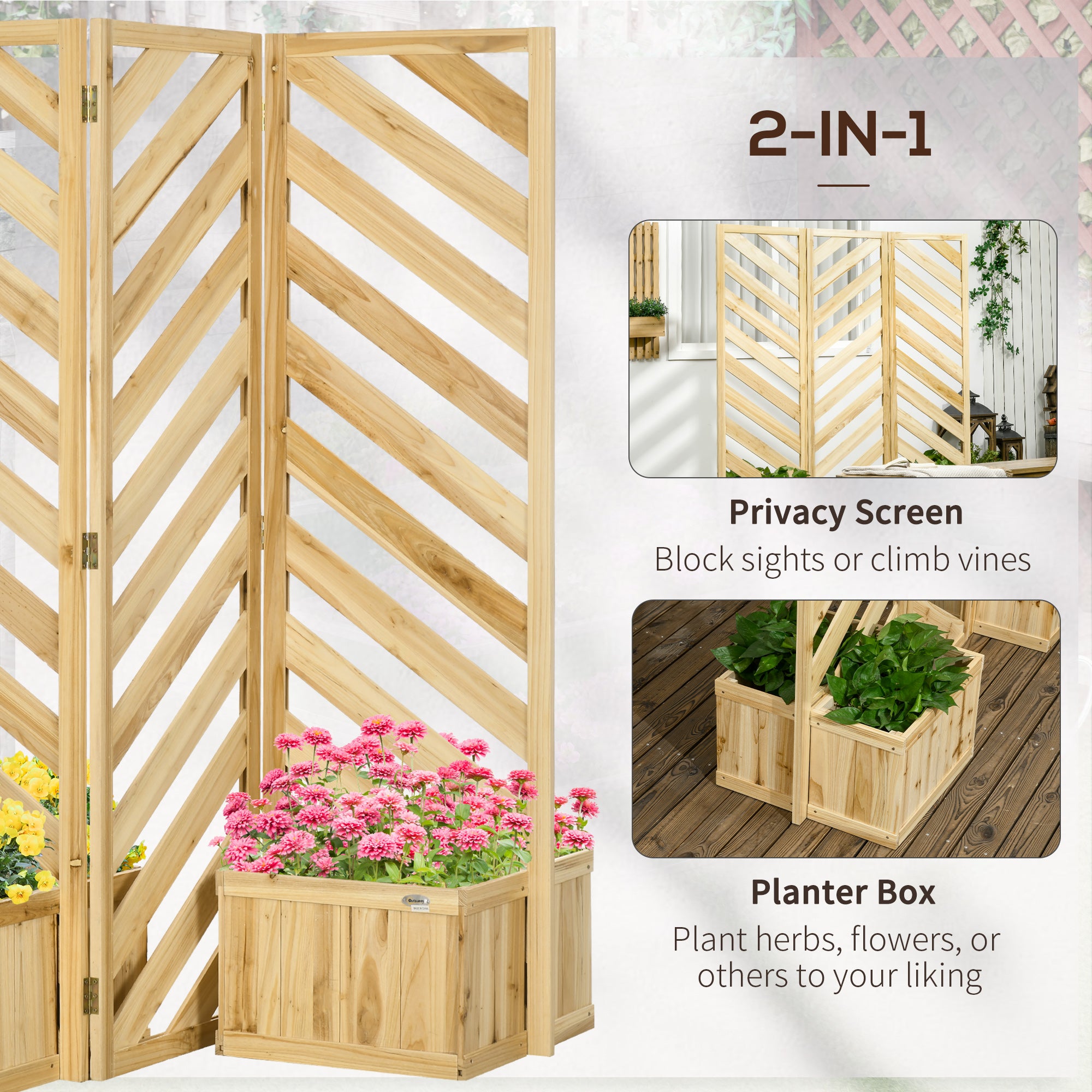 Decorative Outdoor Privacy Screen, Freestanding Divider/Separator with 4 Self-Draining Planters, 3 Trellis Plant Support Panels for Garden Walkway, Backyard, Natural Wood - Natural wood finish - Image 4