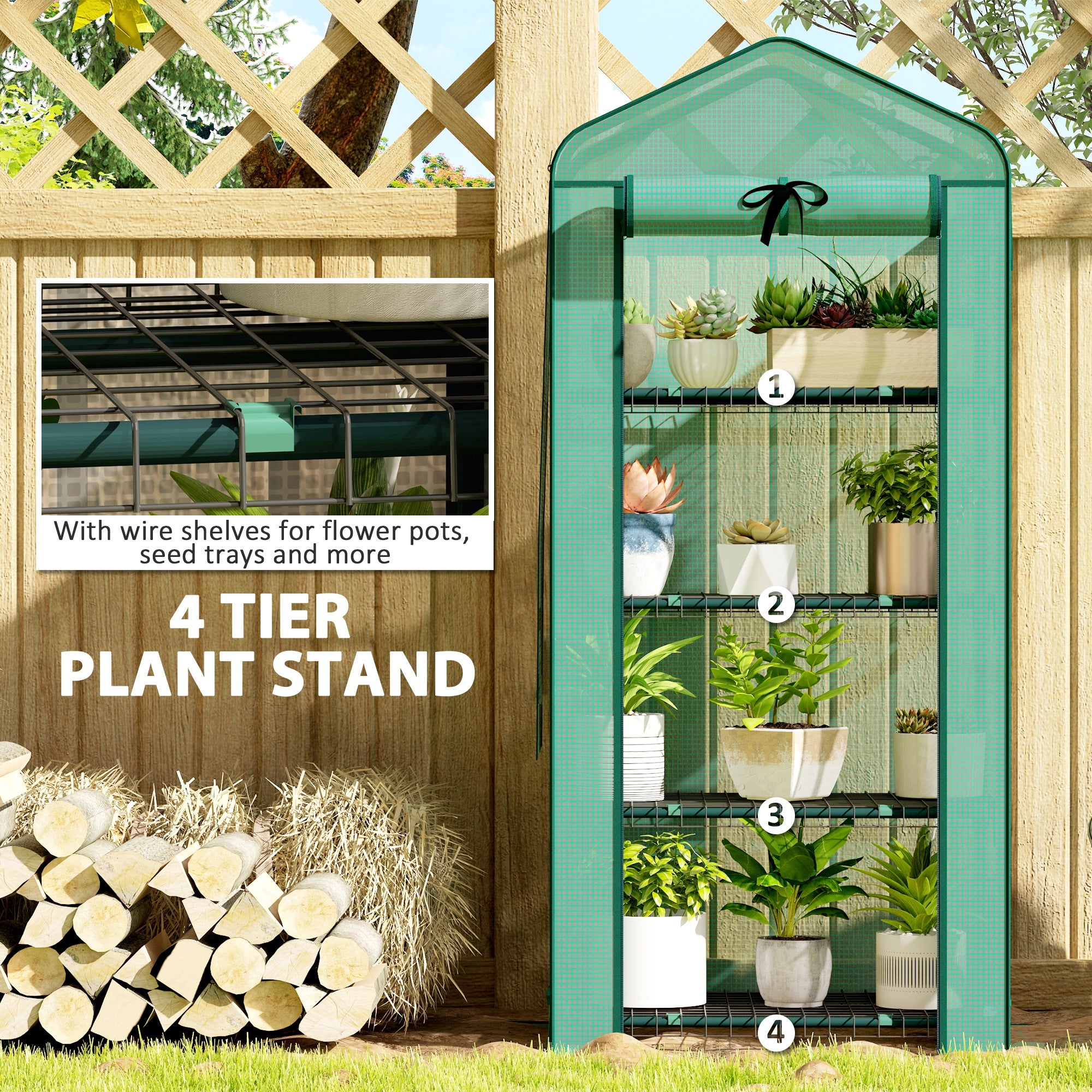 Mini Greenhouse with Screen Roof, 4 Tier Portable Small Greenhouse with High Strength PE Cover, Green - Green - Image 6