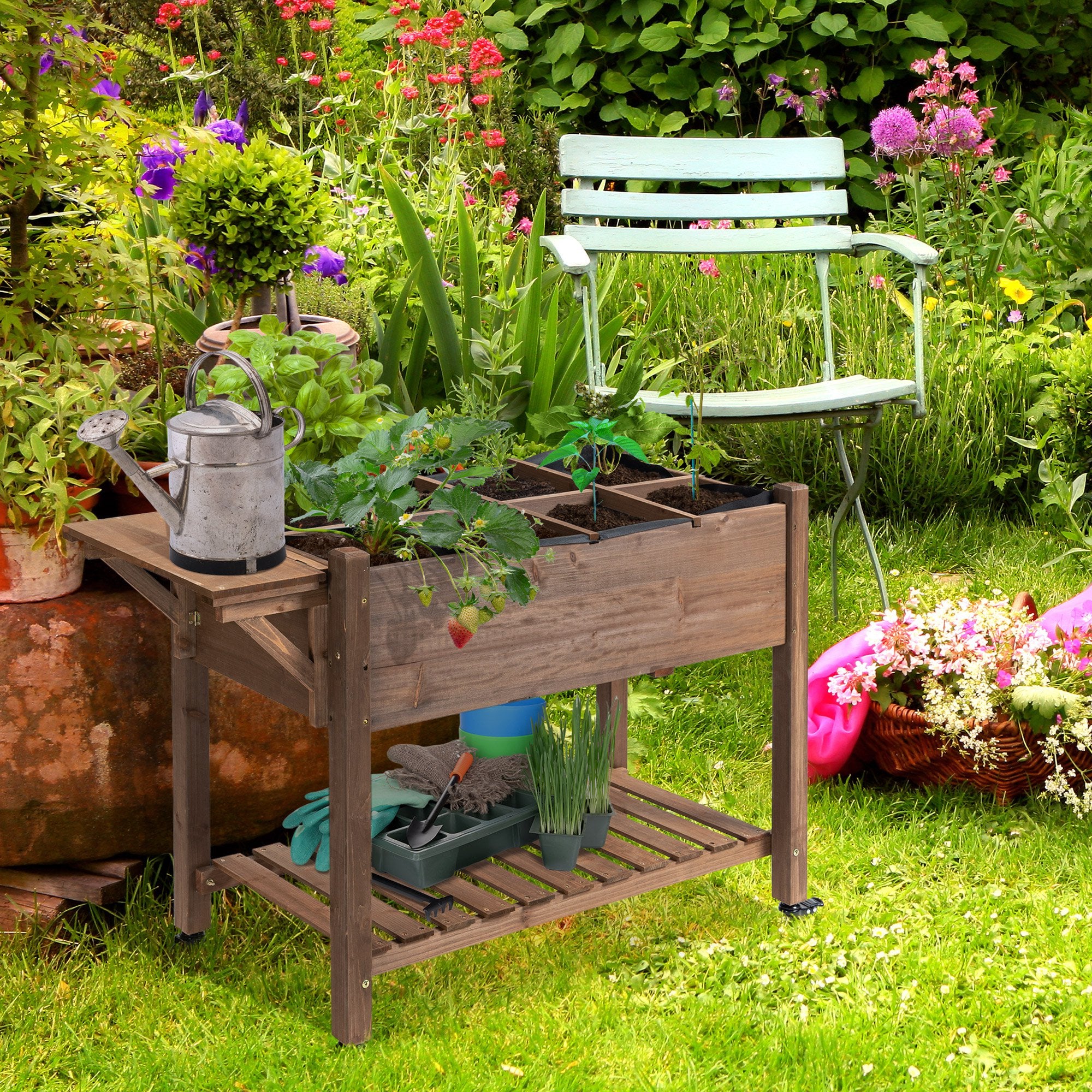 Wooden Garden Box, 34.25H with 8 Pockets and Lockable Wheels, Foldable Side Clapboard, Elevated and Self-Draining Design, to Grow Herbs, Vegetables, and Flowers, Brown - Brown - Image 2
