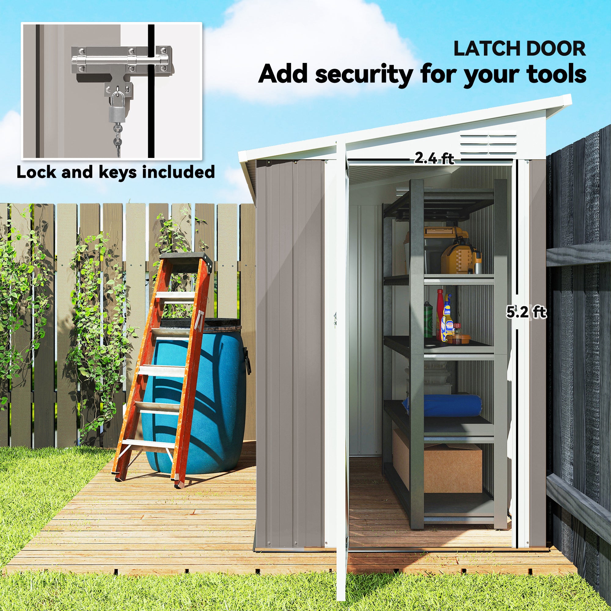 4' x 8' Lean to Garden Storage Shed, Outdoor Metal Tool House with Lockable Door Vents for Backyard Patio Lawn, Light Gray - Light Gray - Image 5
