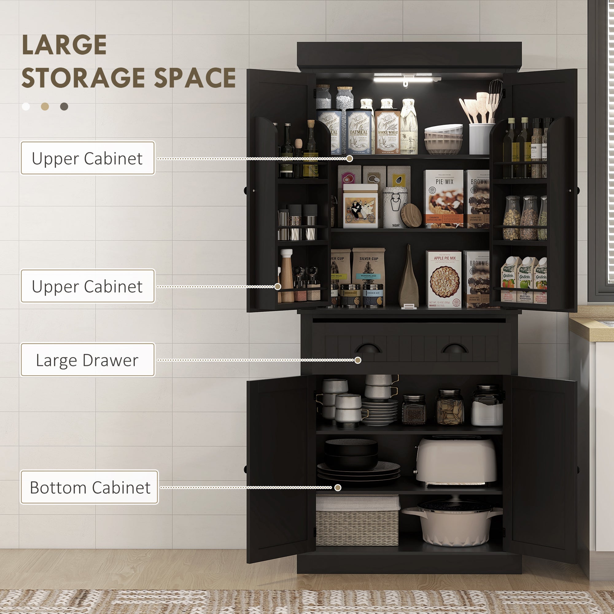 71" Kitchen Pantry Cabinet with LED Lights, 6 Door Shelves, a Drawer and 4 Adjustable Shelves, Black