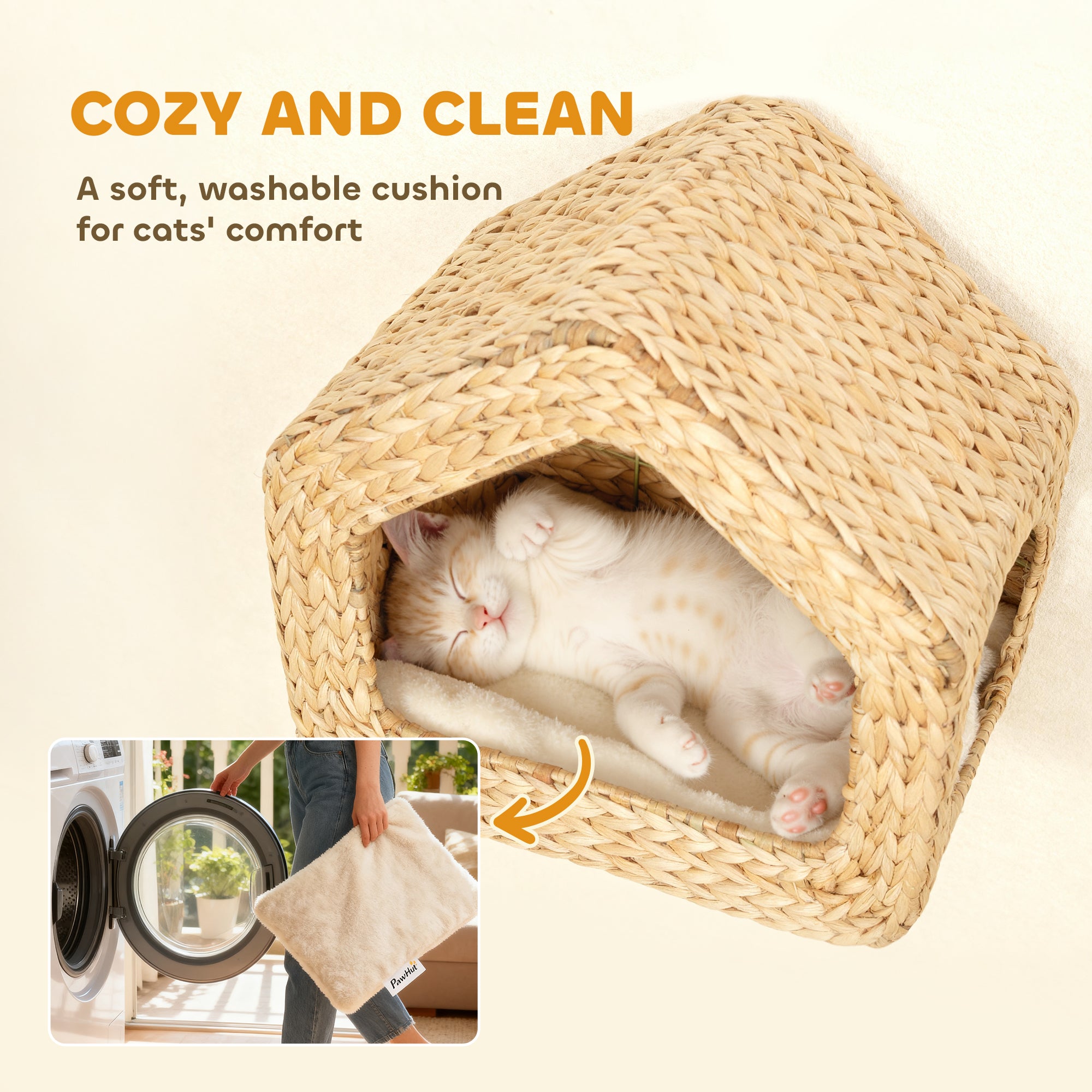 Wall Mounted Cat House, Cat Wall Furniture, Cat Wall Shelf with Washable Cushion, Natural - Natural Wood - Image 5