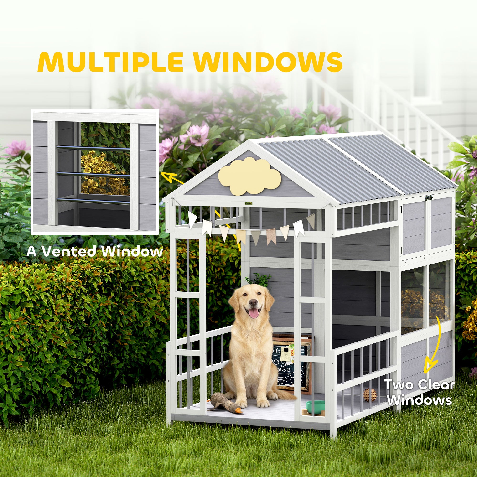 79"L Large Dog House Outdoor, Wooden Dog Kennel with Porch, Storage Cabinet,Weatherproof Roof, Windows - Gray - Image 6
