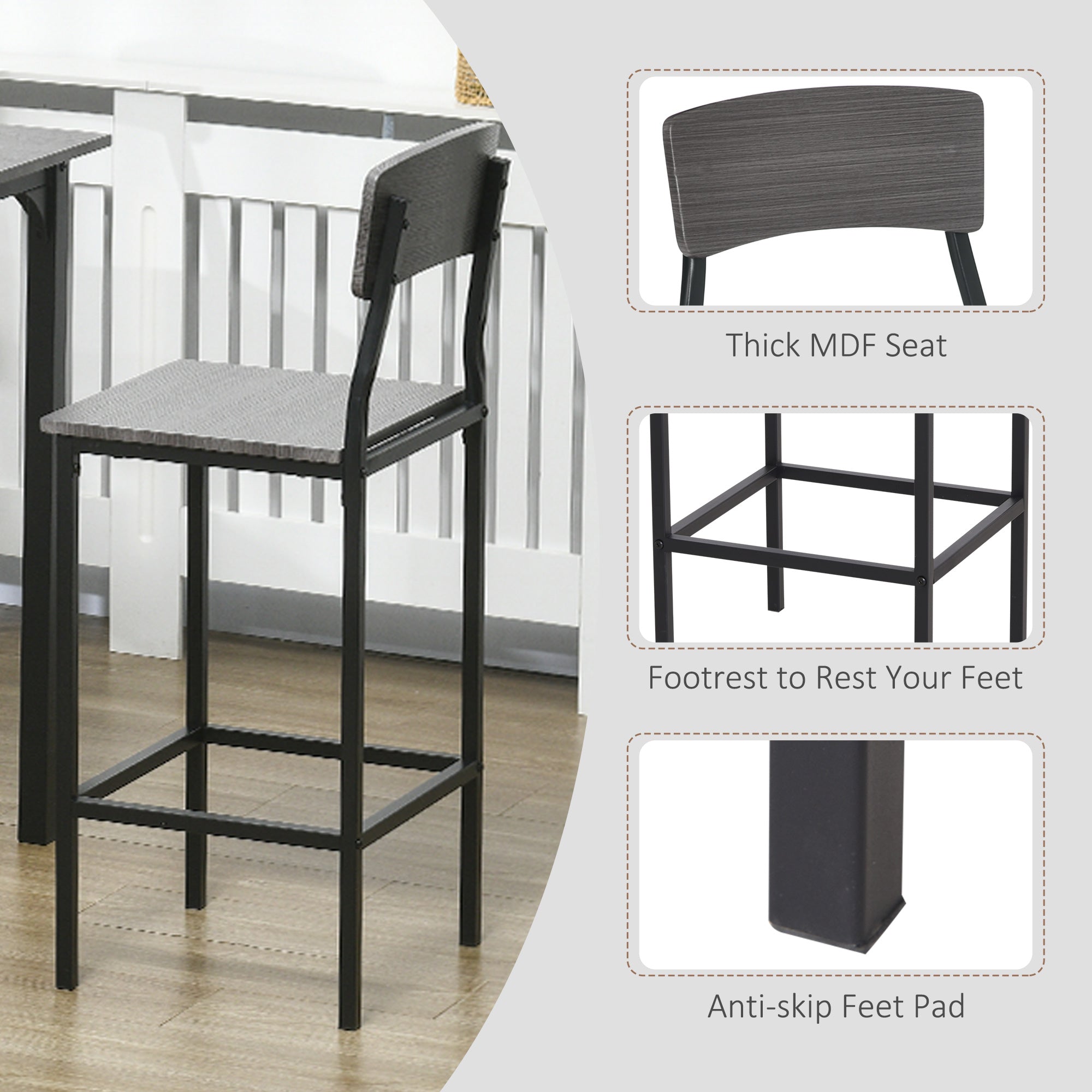 5-Piece Counter Height Bar Table with Space-Saving Design, Square Kitchen Table and Chairs Set with Footrest, Metal Legs, Industrial Dining Table Set for 4, Gray