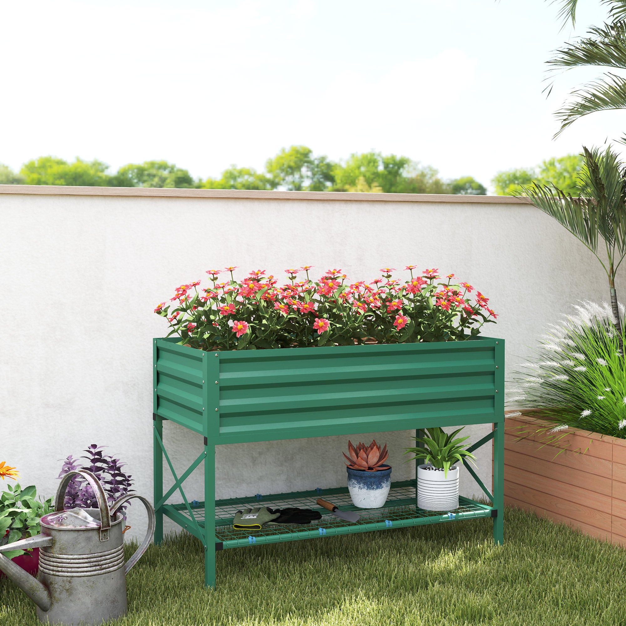 Galvanized Raised Garden Bed, Metal Planter Box with Legs, Storage Shelf and Bed Liner, Green - Green - Image 2