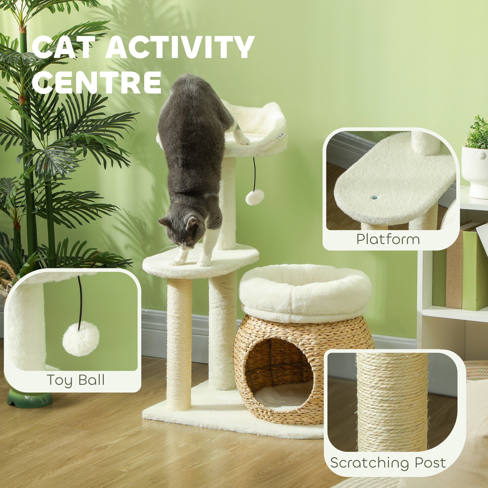 31" Cat Tree Tower with Scratching Posts, Cat Condo, Beds, Platform and Toy Ball for Indoor Cats, Cream White - Cream White - Image 4