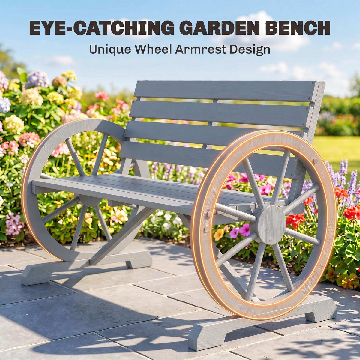 41" Wooden Wagon Wheel Bench, Rustic Outdoor Patio Bench Weather Resistance Furniture, 2-Person Slatted Seat with Backrest, Light Gray
