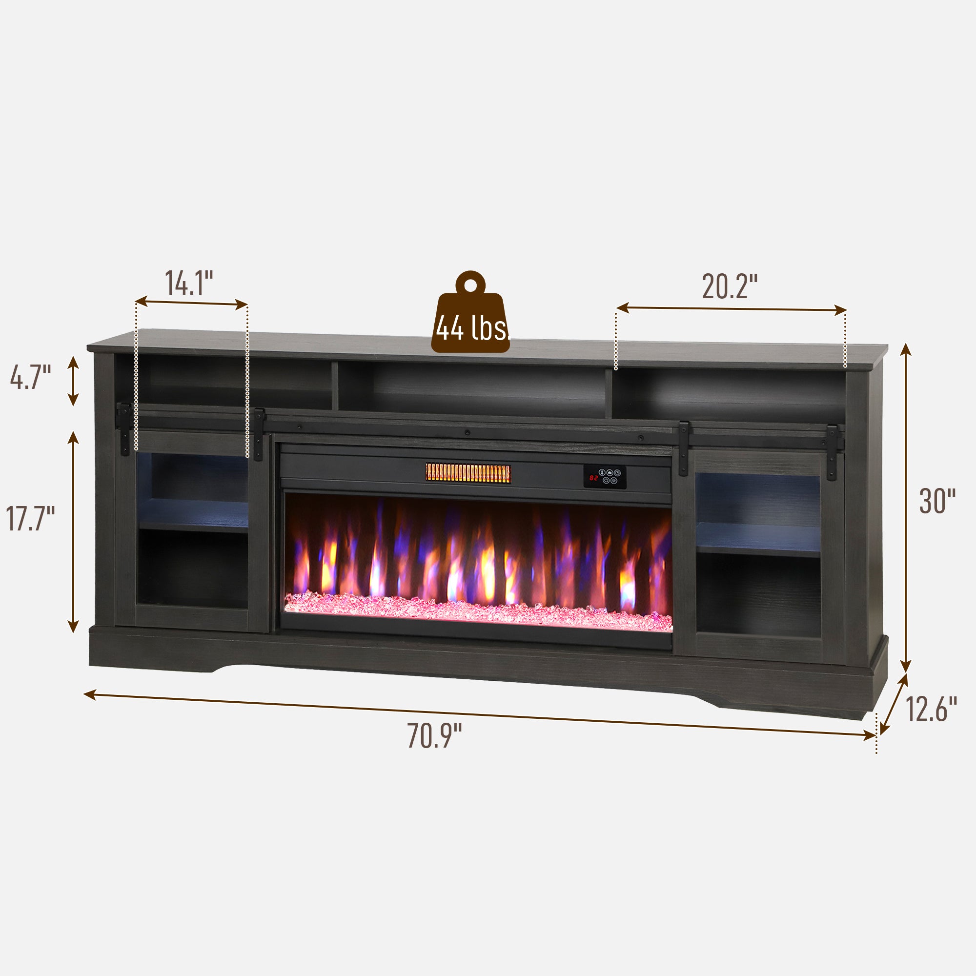 Fireplace TV Stand for TVs Up to 80 Inch, TV Console with Electric Fireplace, Open Storage and Side Cabinets, Gray