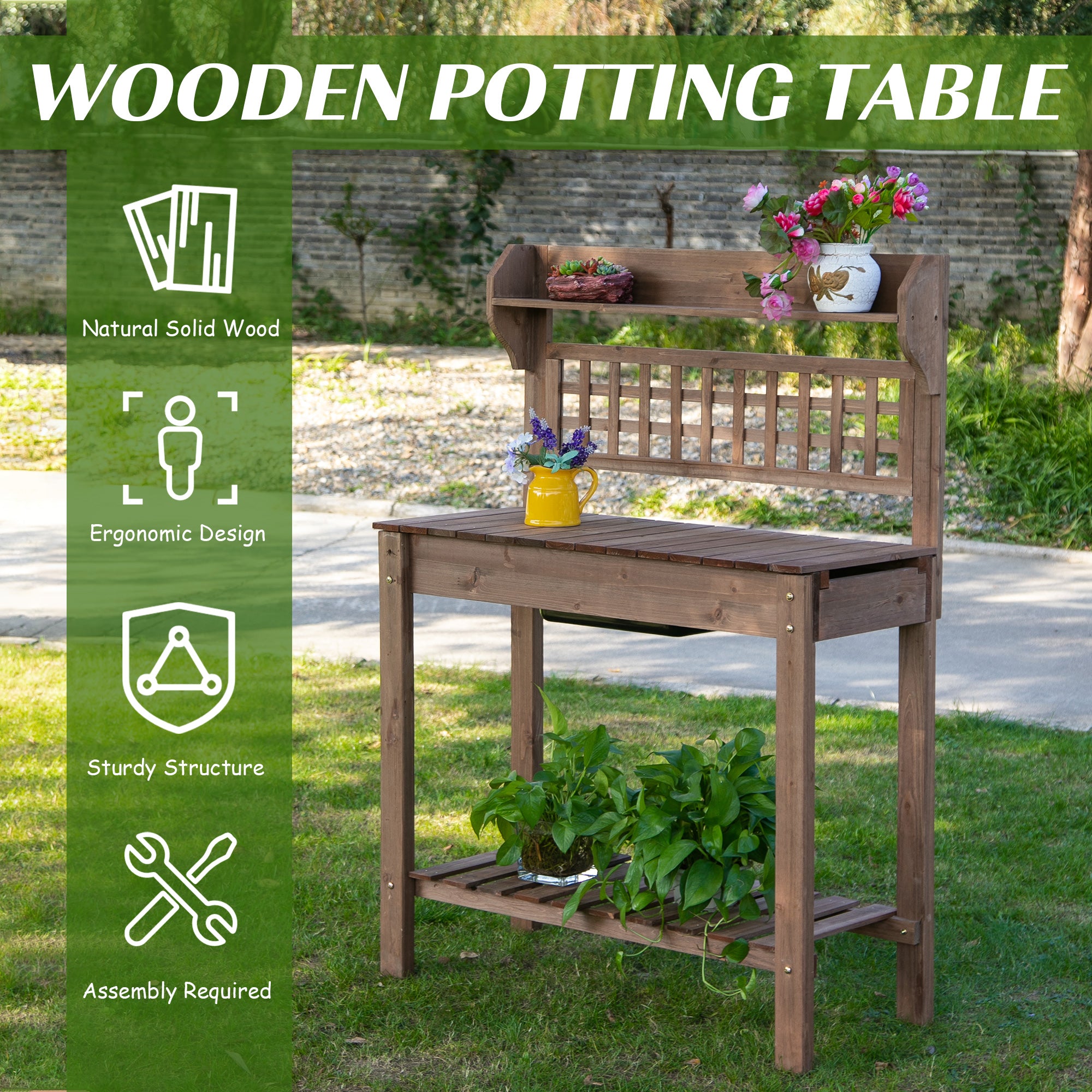 Outdoor Potting Bench Table, Wooden Workstation with Sliding Tabletop, Storage Shelf and Dry Sink, for Greenhouse, Garden, Patio, Brown - Brown - Image 4