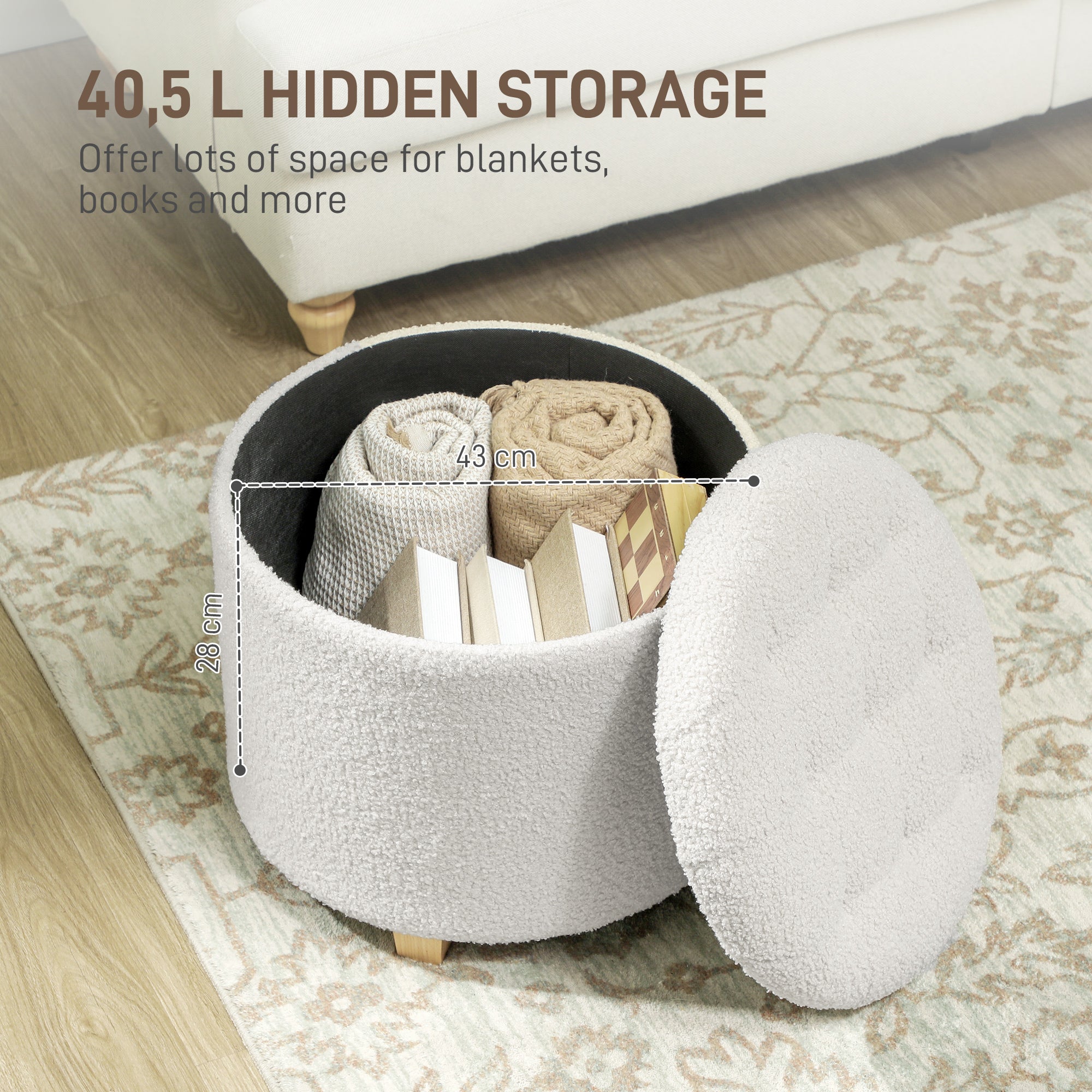18" Round Ottoman with Storage, Teddy Fleece Button Tufted Foot Stool with Lid, Wood Legs for Living Room Hallway, White