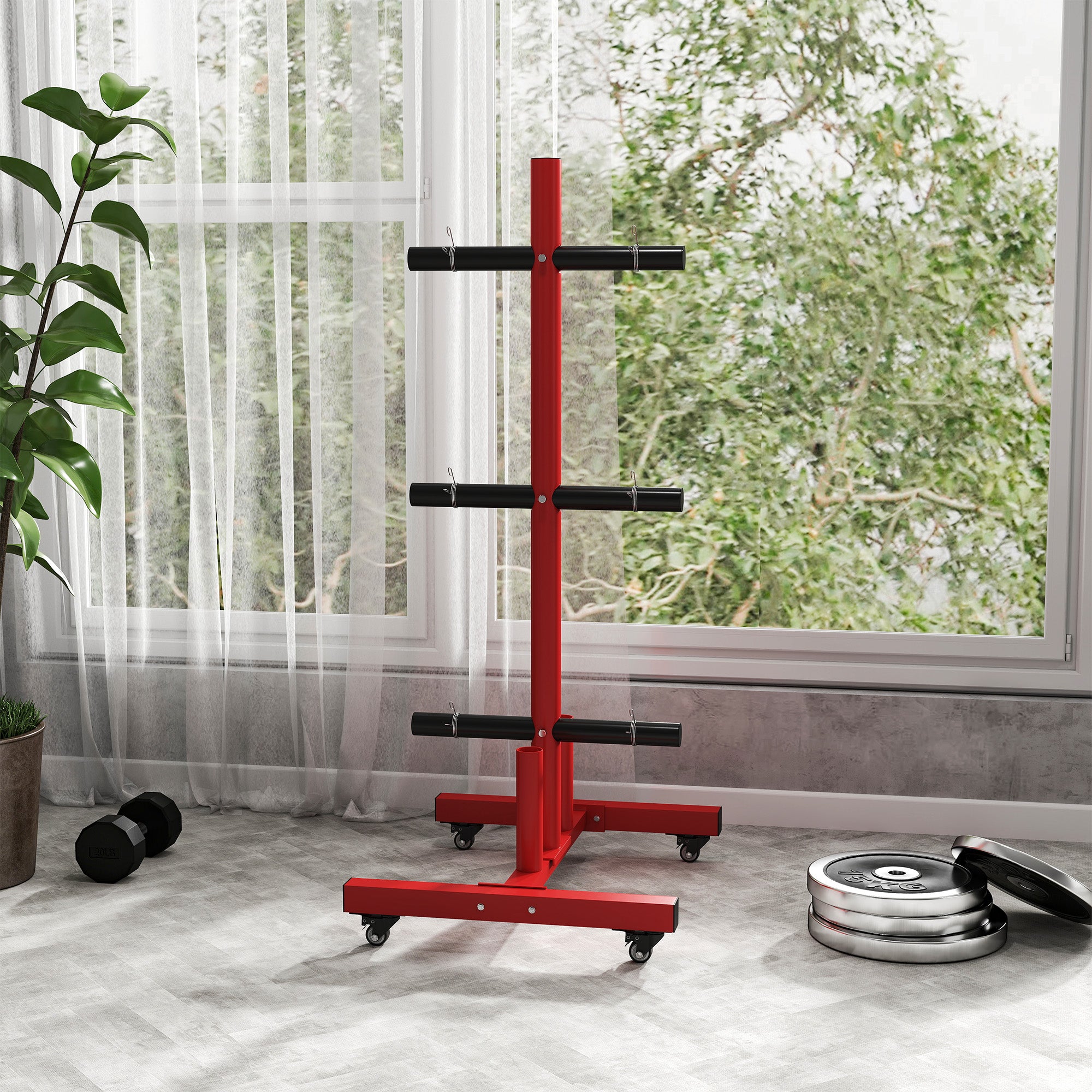2 Inch Weight Plate Rack, Plate Rack Holder for Olympic Weight Plates and Bars, with 4 Transport Wheels and 6 Fasten Clamps, 440 lbs. Capacity, Red