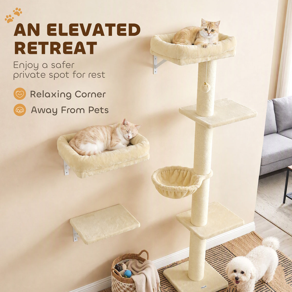 Cat Wall Shelves, 3-in-1 Cat Wall Furniture Set with Scratching Post for Indoor Kittens Climbing Sleeping, Beige