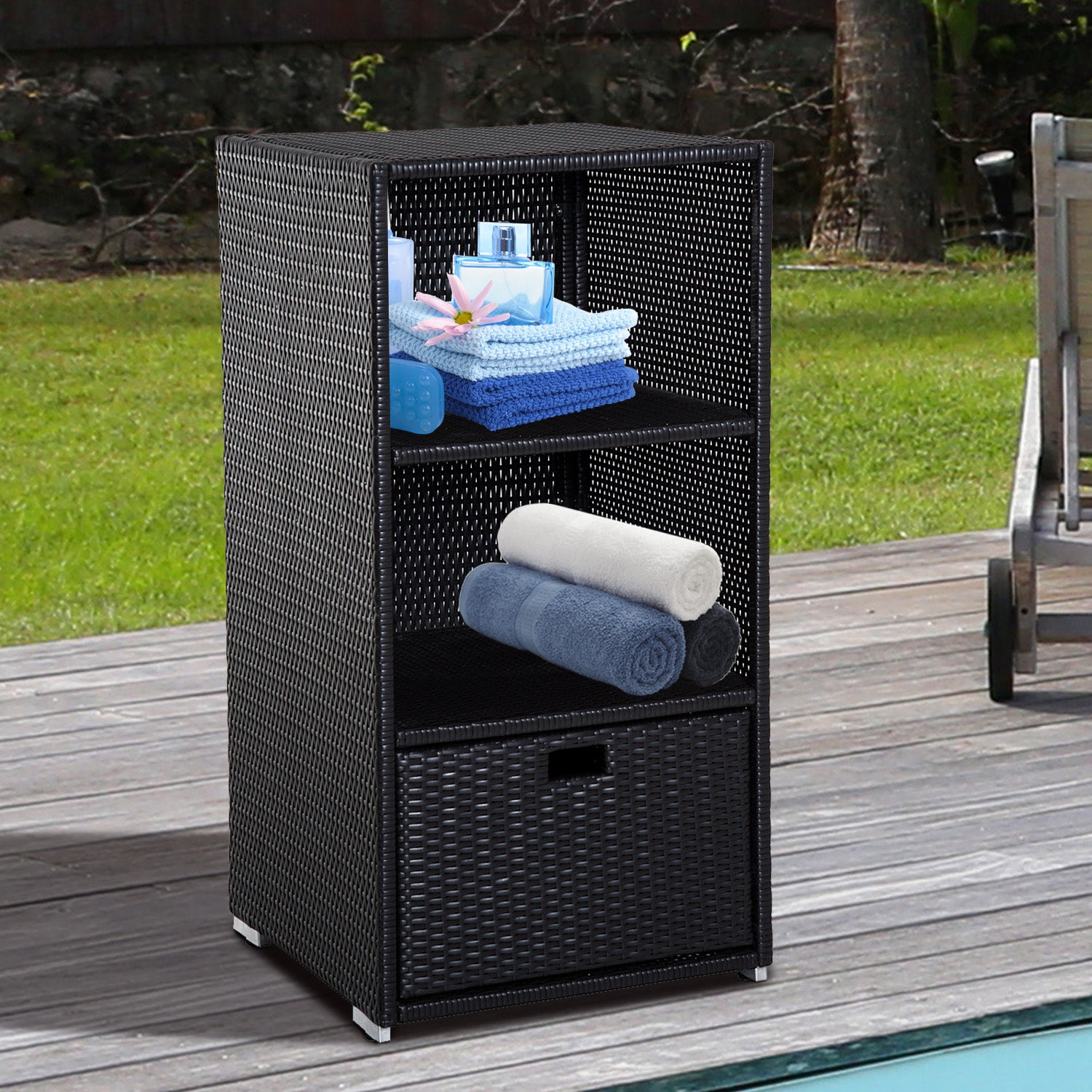 Poolside Towel Cabinet, Rattan Wicker with Storage,2-Tier Shelves and Bottom Drawer, for Pool, Patio Backyard, 47", Dark Brown - Dark Brown - Image 2