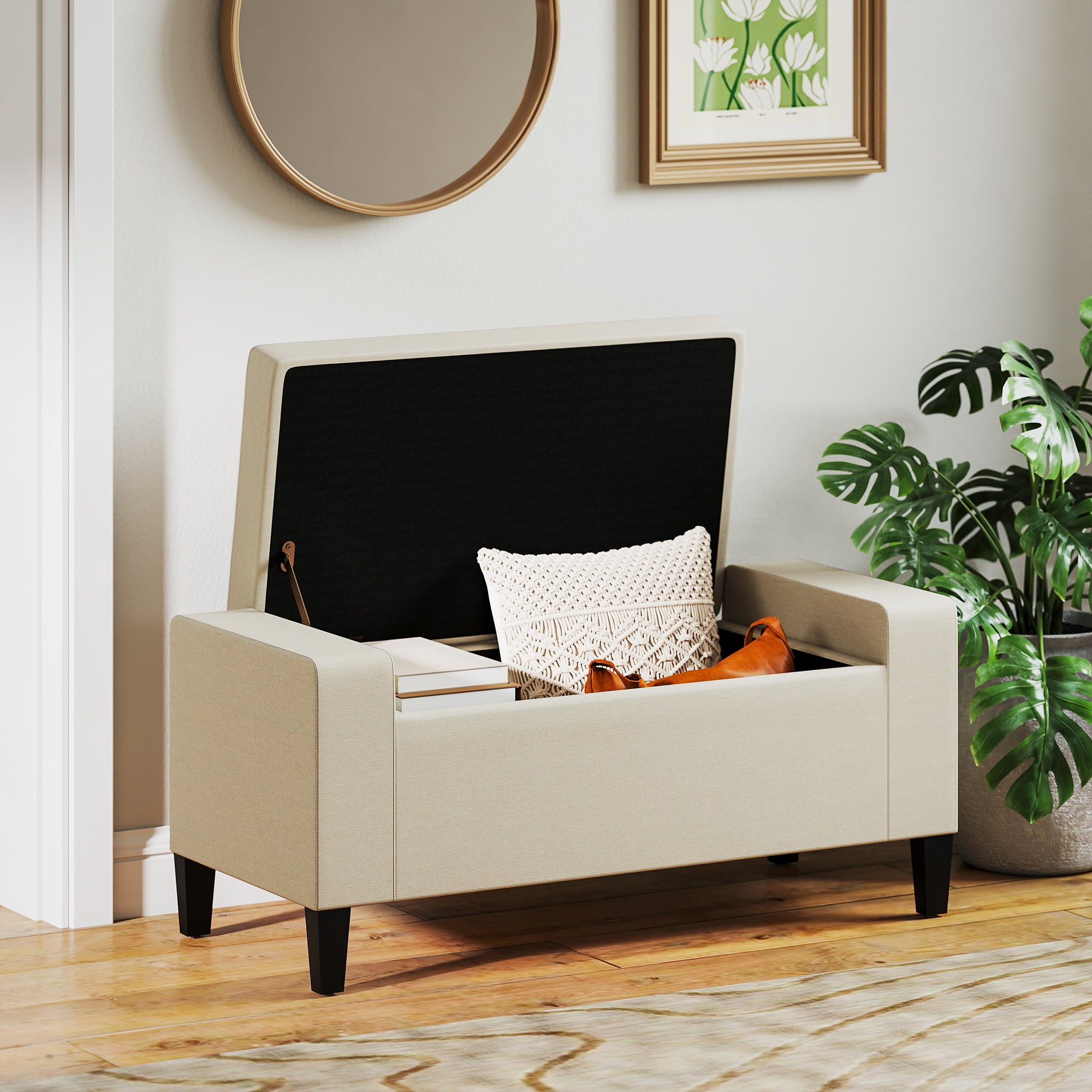 36" Ottoman with Storage, Storage Ottoman Bench with Lift Top and Rubberwood Legs, Linen Upholstered Entryway Seat with for Living Room, Bedroom, Holds up to 330 lb, Beige