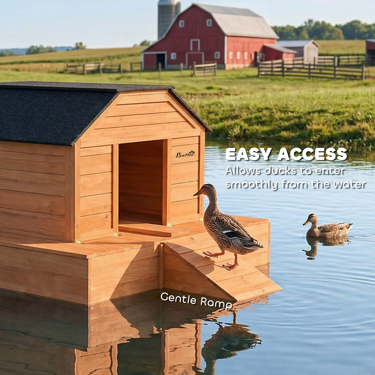 Floating Duck Coop, Wooden Duck House with Ramp and Waterproof Asphalt Roof, Small Animal House