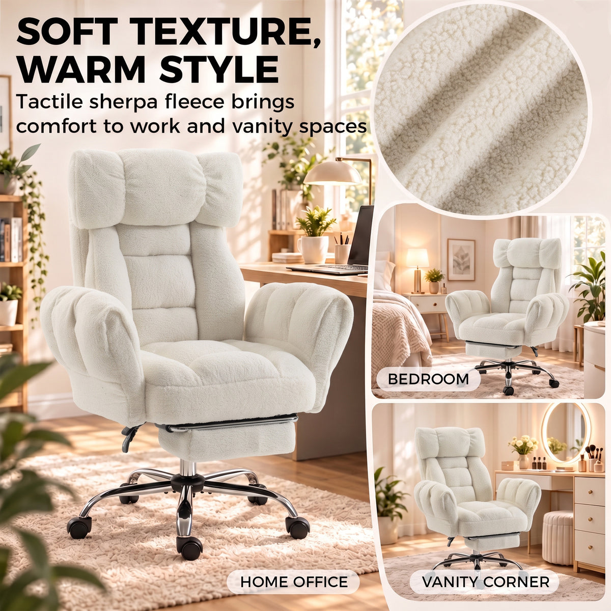 Criss Cross Office Chair with Flip-Up Armrests, Reclining Desk Chair with Wide Seat, Footrest, Wheels, Cream White