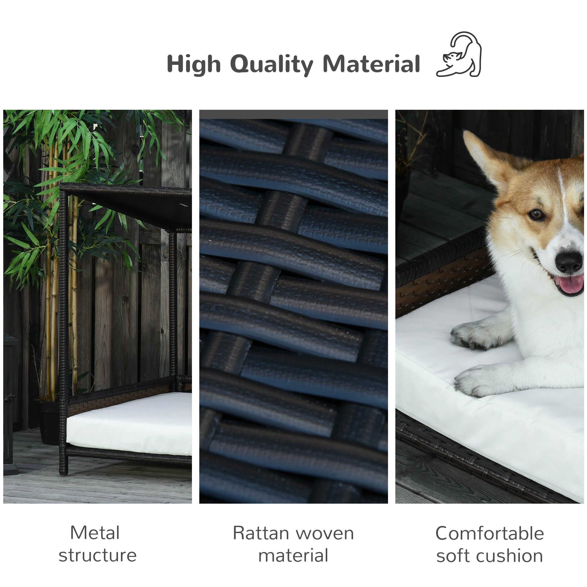 Wicker Dog House Raised Rattan Puppy Bed Cat Shelter for Indoor Outdoor Garden Patio Pet Sofa with Removable Cushion for Medium Sized Pet Brown - Brown and White - Image 4