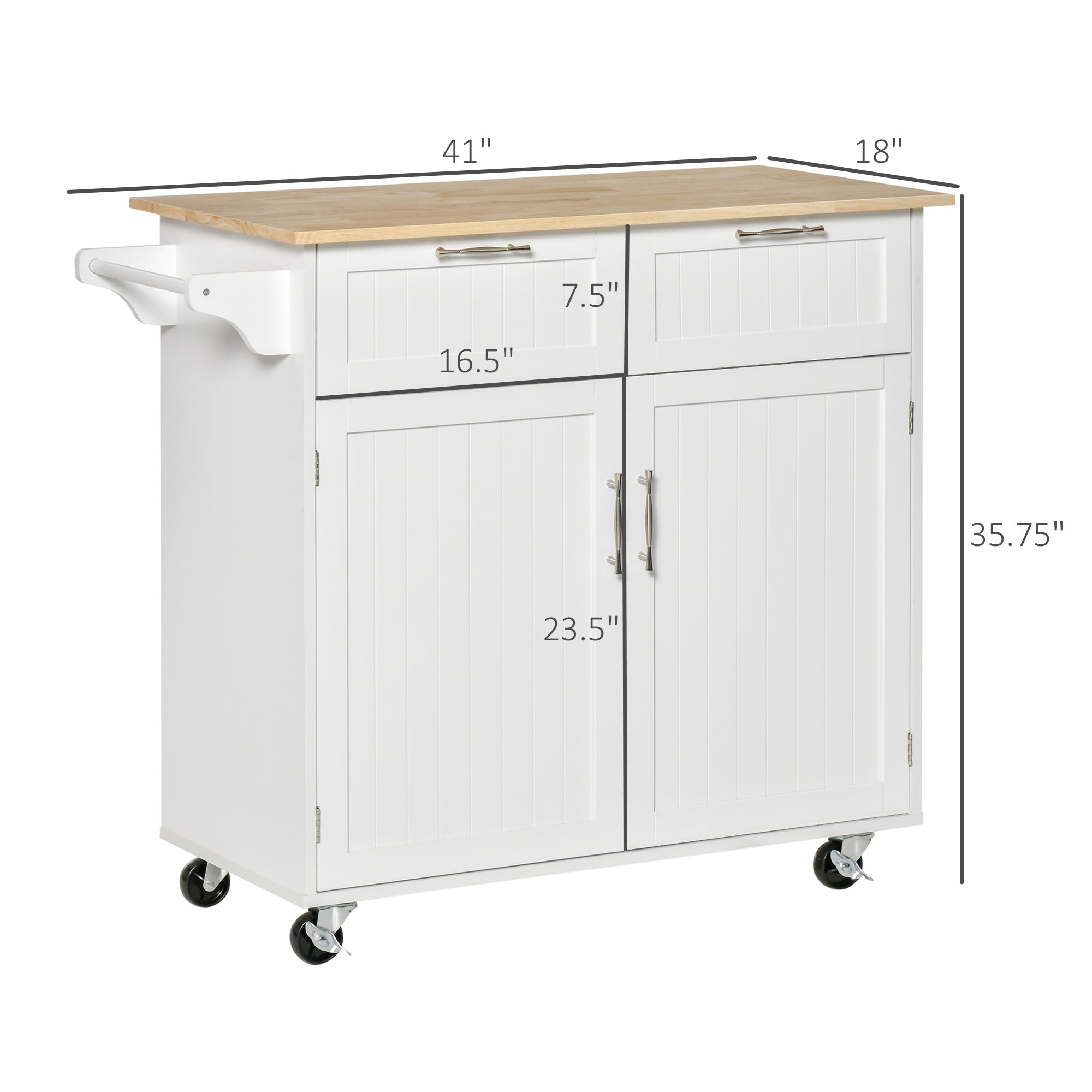 41" Modern Rolling Kitchen Island on Wheels, Utility Cart Storage Trolley with Rubberwood Top & Drawers, White