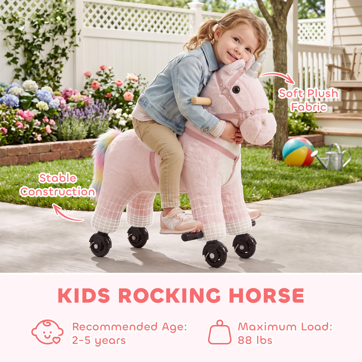 Ride on Horse for Kids 2-5 Years, 22 Inch Height Plush Ride On Pony with Wheels and Sounds for Active Play, Pink