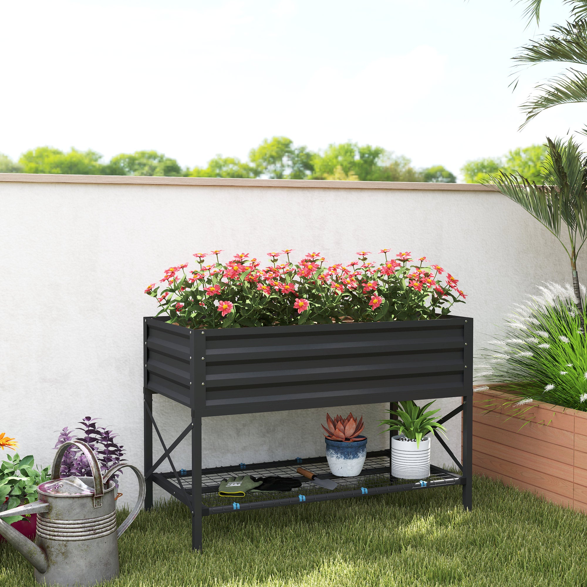 Galvanized Raised Garden Bed, Metal Planter Box with Legs, Storage Shelf and Bed Liner, Dark Gray - Dark Gray - Image 2