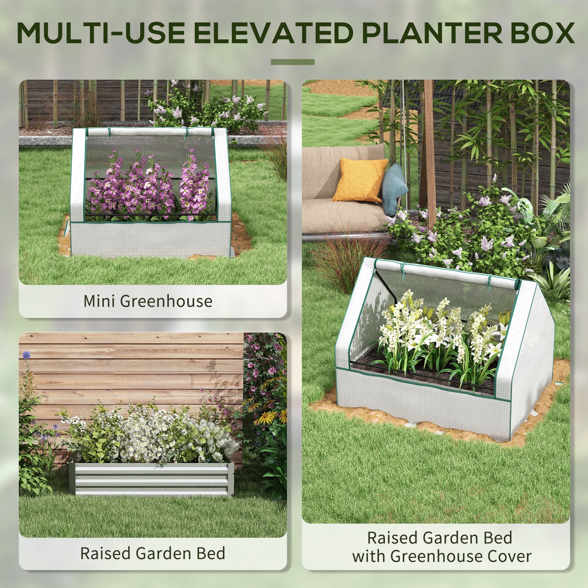 Raised Garden Bed, Outdoor Metal Planter Box with Mini Greenhouse, White and Silver - White, Silver - Image 4