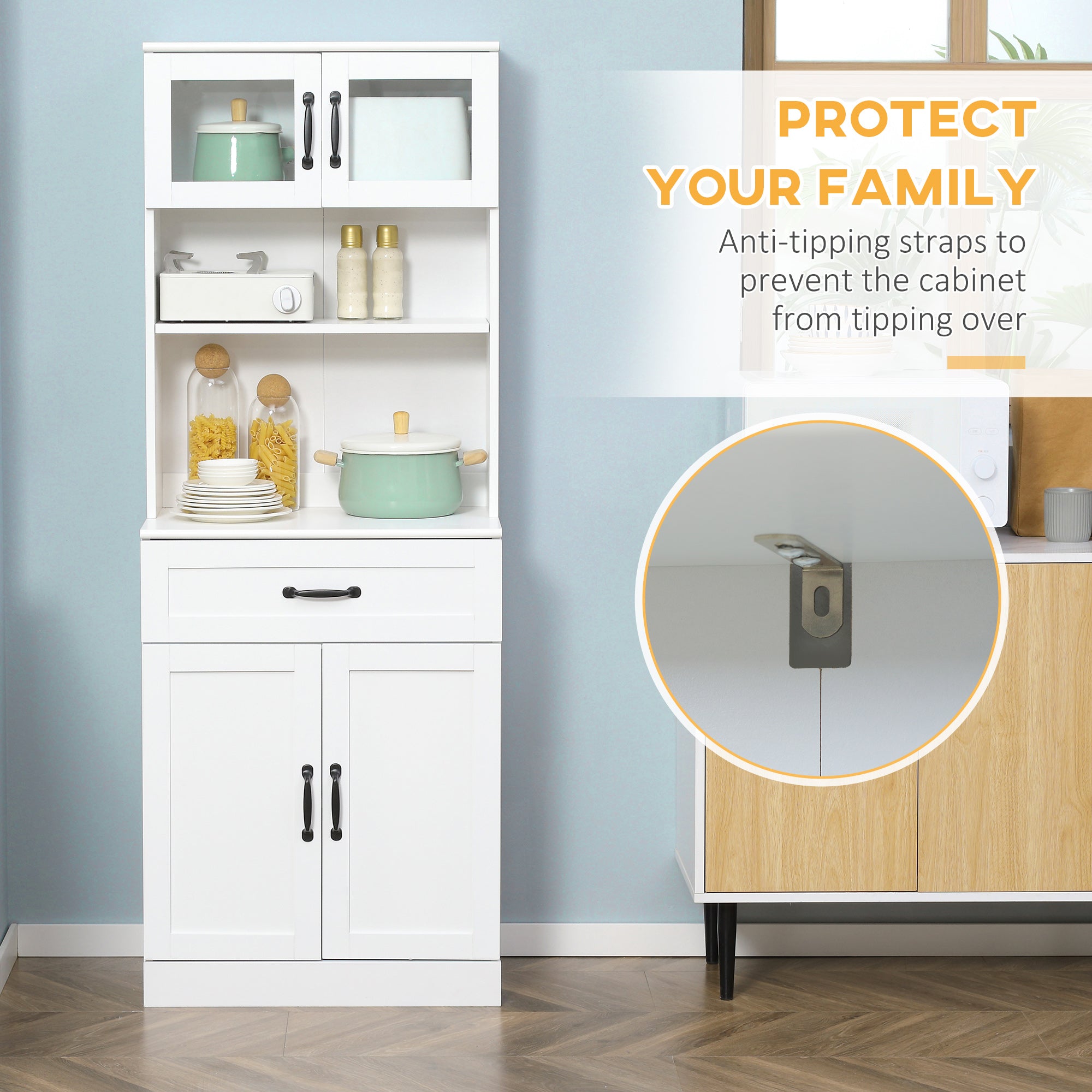 Freestanding Kitchen Pantry, 4-Door Buffet Cabinet with Hutch, Coffee Bar with Adjustable Shelves, 63.5 Inches, White