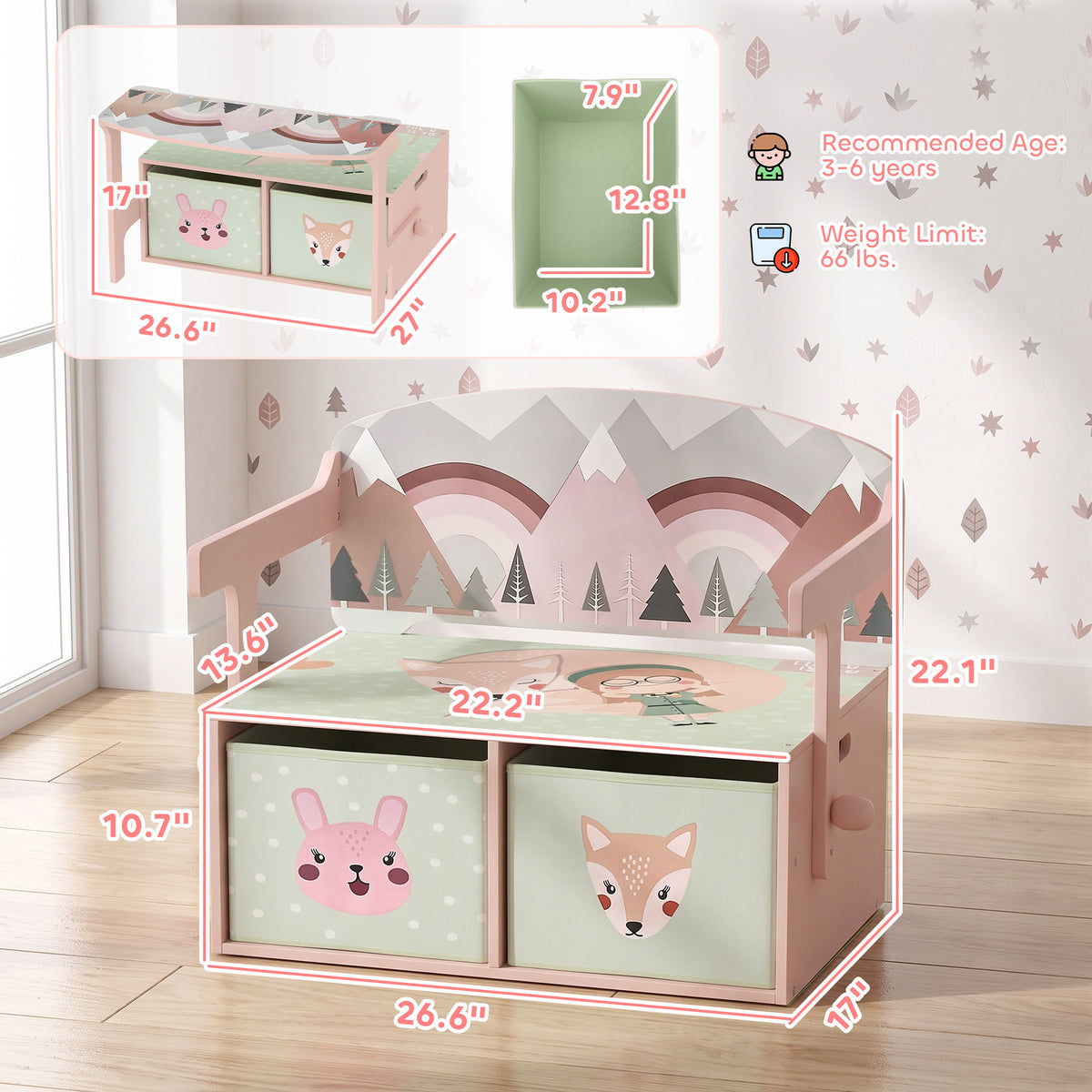 Kids Toy Box Chest, 3-in-1 Convertible Storage Chest with 2 Non-Woven Drawers for Bedroom, Kids Room for Ages 3-6, Pink