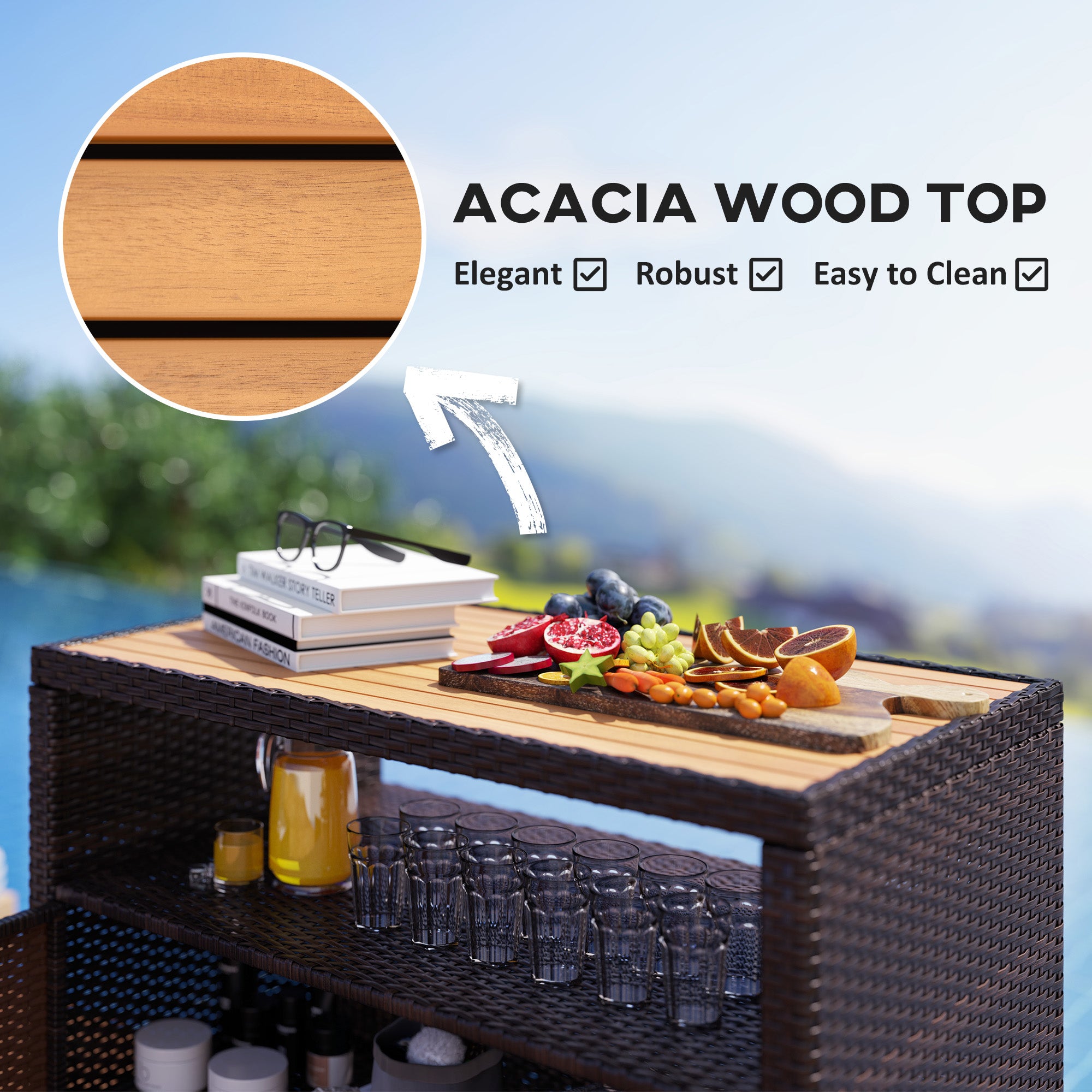 Outdoor Storage Cabinet with Acacia Wood Top, Two Doors, Shelf, Wicker Bar Table for Pool Towel Storage, Brown - Brown - Image 6