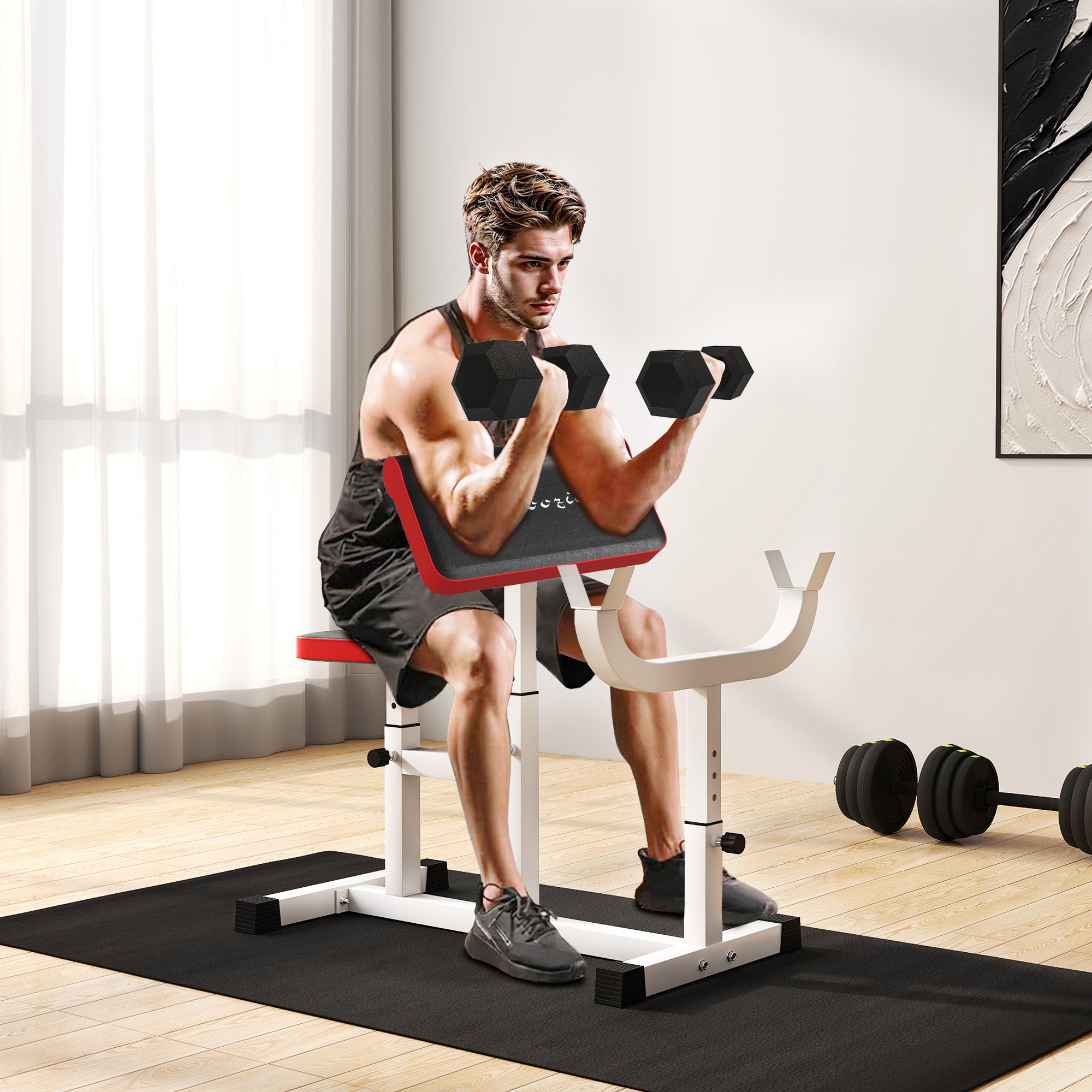 265 LBS Preacher Curl Bench for Strength Training, Adjustable Seated Arm Isolated Barbell Dumbbell Bicep Station, White
