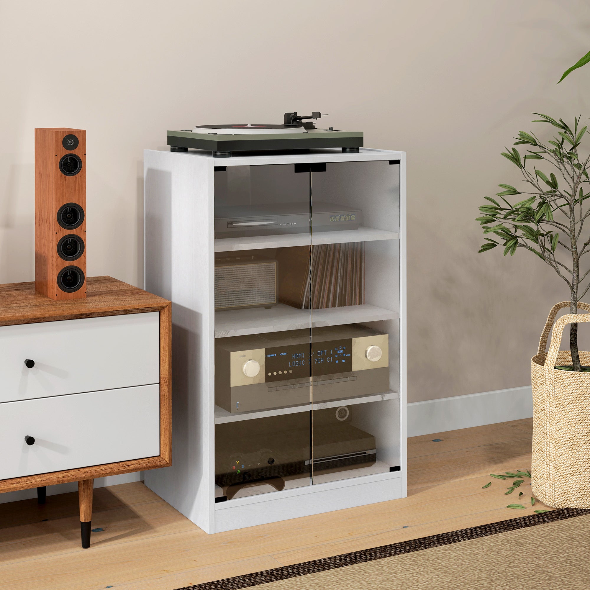 4-Tier Media Cabinet, Media Stand with Adjustable Shelves, Tempered Glass Doors, and Cable Management, Distressed White