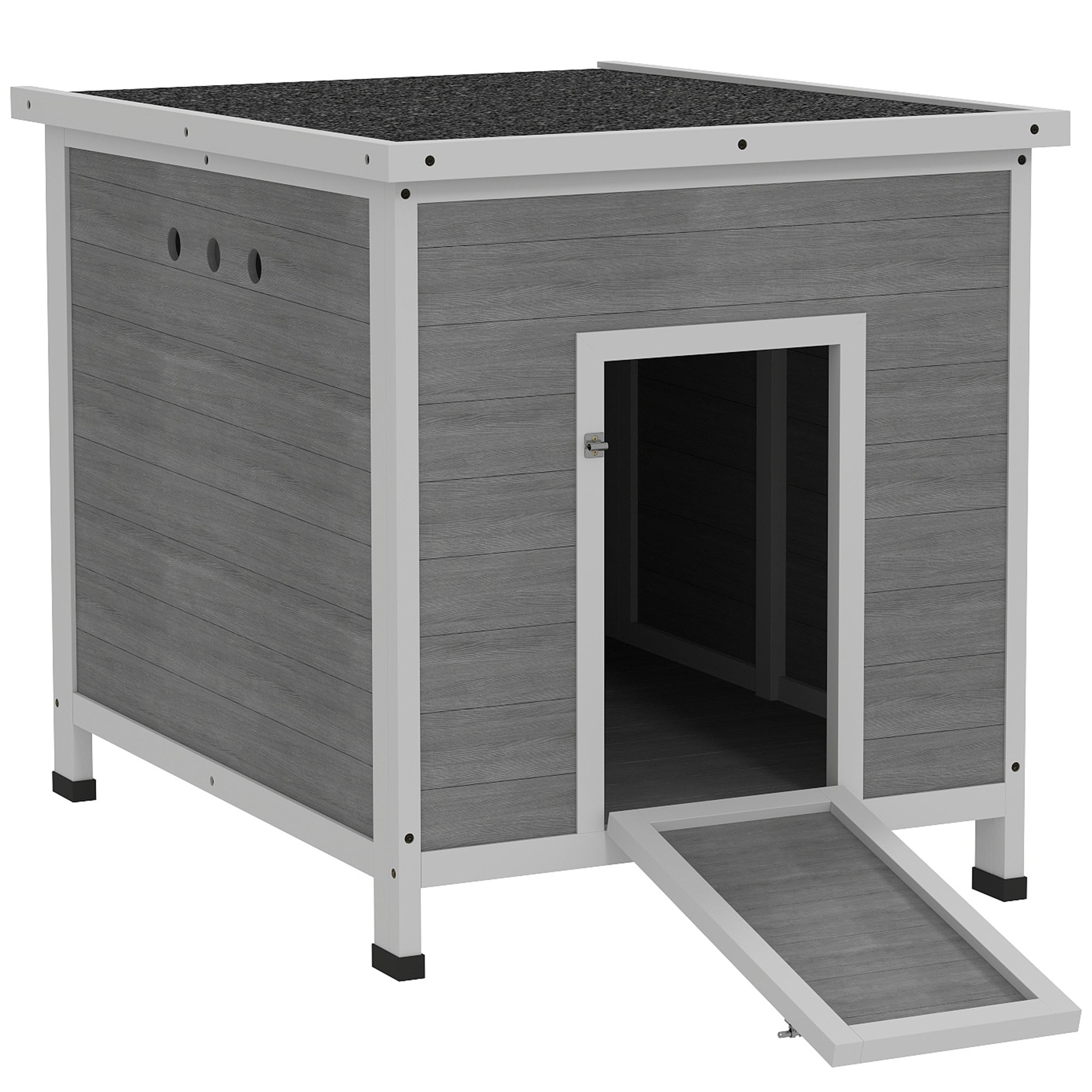 Wooden Duck Coop with Openable Roof, Removable Floor, Double Doors, Ramp, for 2-4 Ducks, Chickens, 25" x 32" x 30" - Light Gray