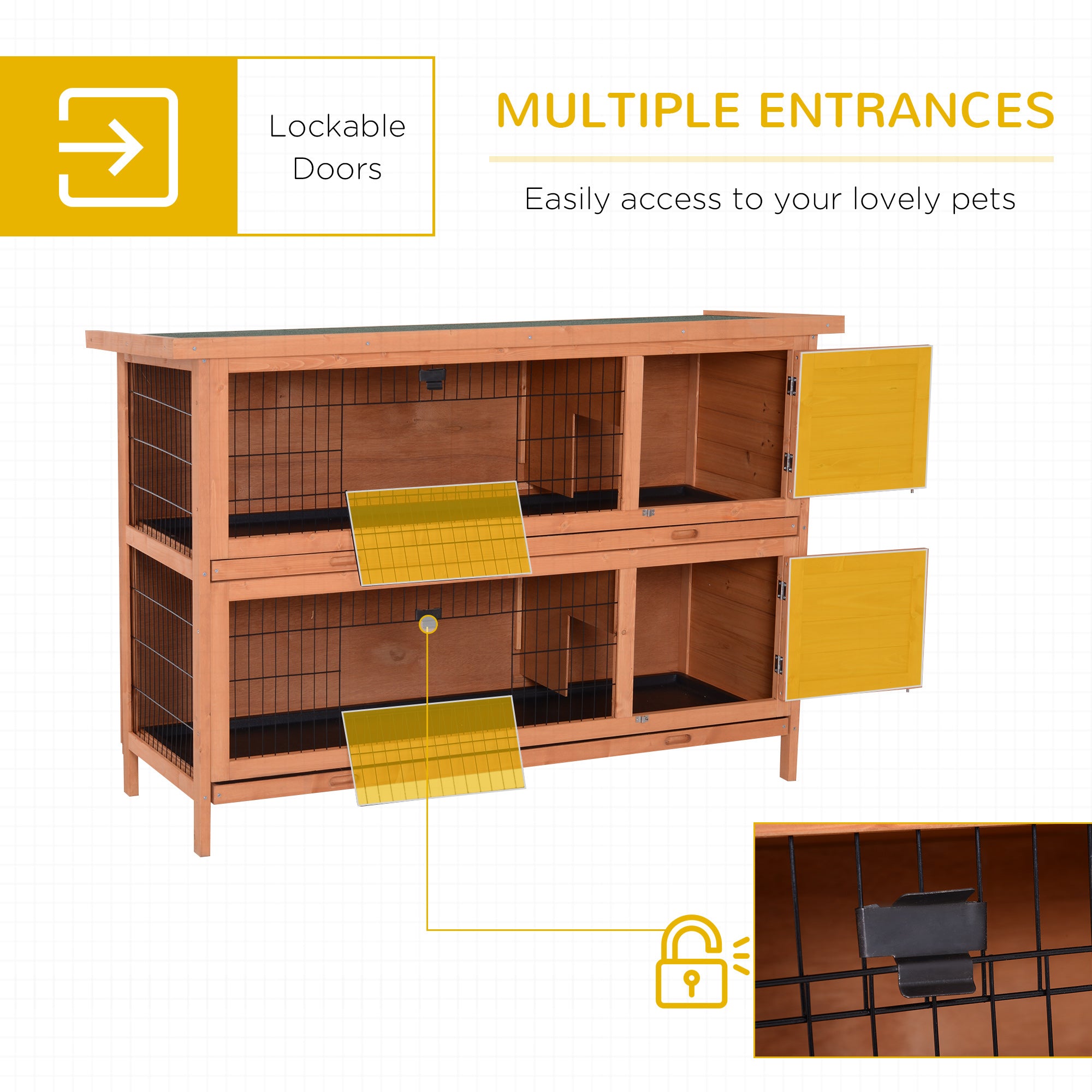 54" 2-Story Large Rabbit Hutch Bunny Cage Wooden Pet House Small Animal Habitat with Lockable Doors, No Leak Tray and waterproof Roof for Rabbits, Chickens, Ducks, Outdoor/Indoor Natural - Orange - Image 5