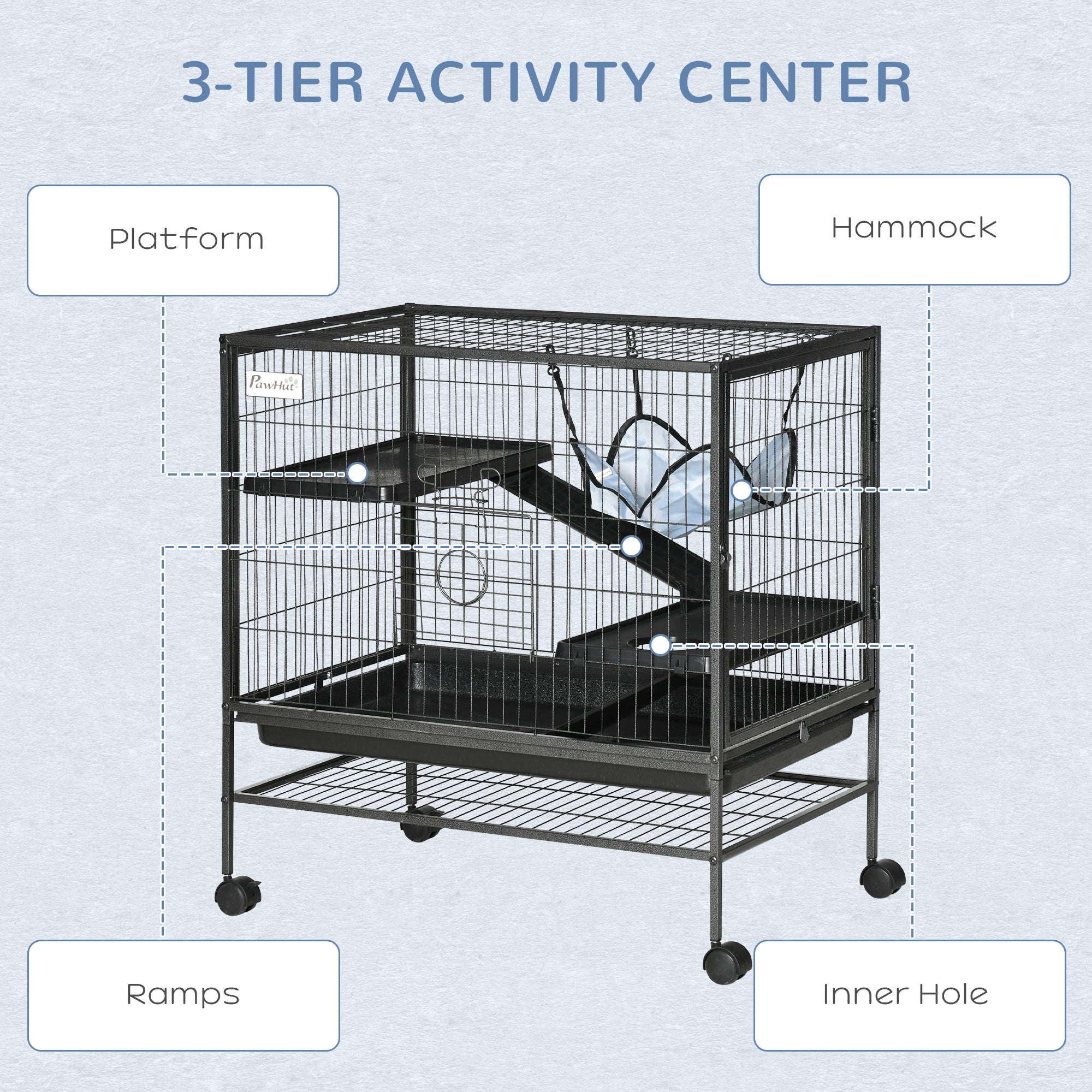 Small Animal Cage with Wheels, Pet Playpen for Rat, Syrian Hamster, Kitten, Ferrets, Chinchillas with Bottom Storage Shelf, Removable Tray, Ramp, 31.5" x 20.5" x 33.1" - Black - Image 5