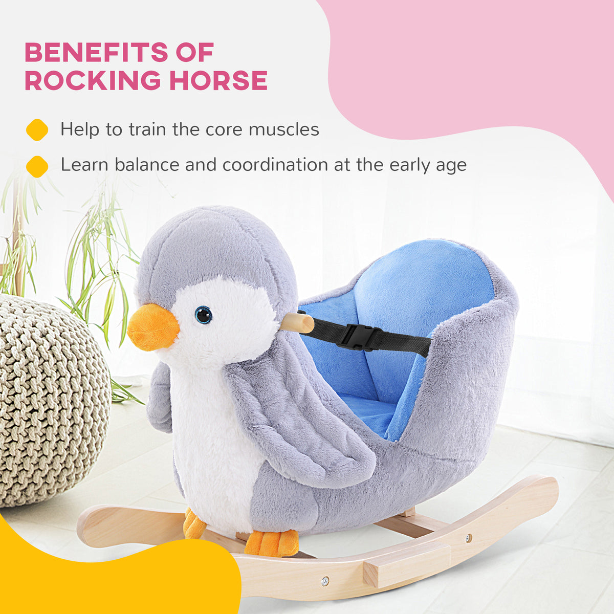 Baby Rocking Horse Gray Penguin, Kid Ride On Toy for 18 Months+, with Music, Seat Belt, for Boys and Girls Gift, Gray