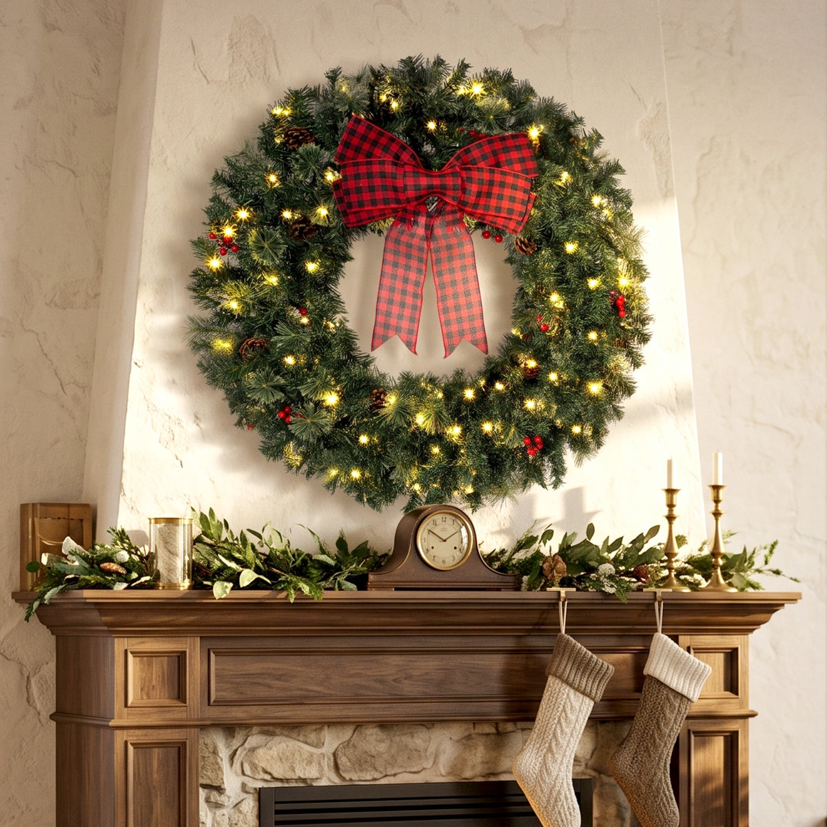 36" Prelit Crestwood Spruce Artificial Christmas Wreath, Christmas Decor with Bow, 8 Modes, Red Berries, Pinecones