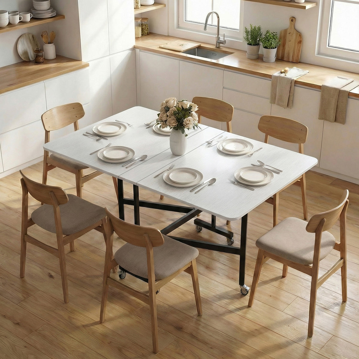 Drop-Leaf Table for Small Spaces, Extendable Kitchen Table with 6 Smooth Wheels & Brakes, Space-Saving Design, White