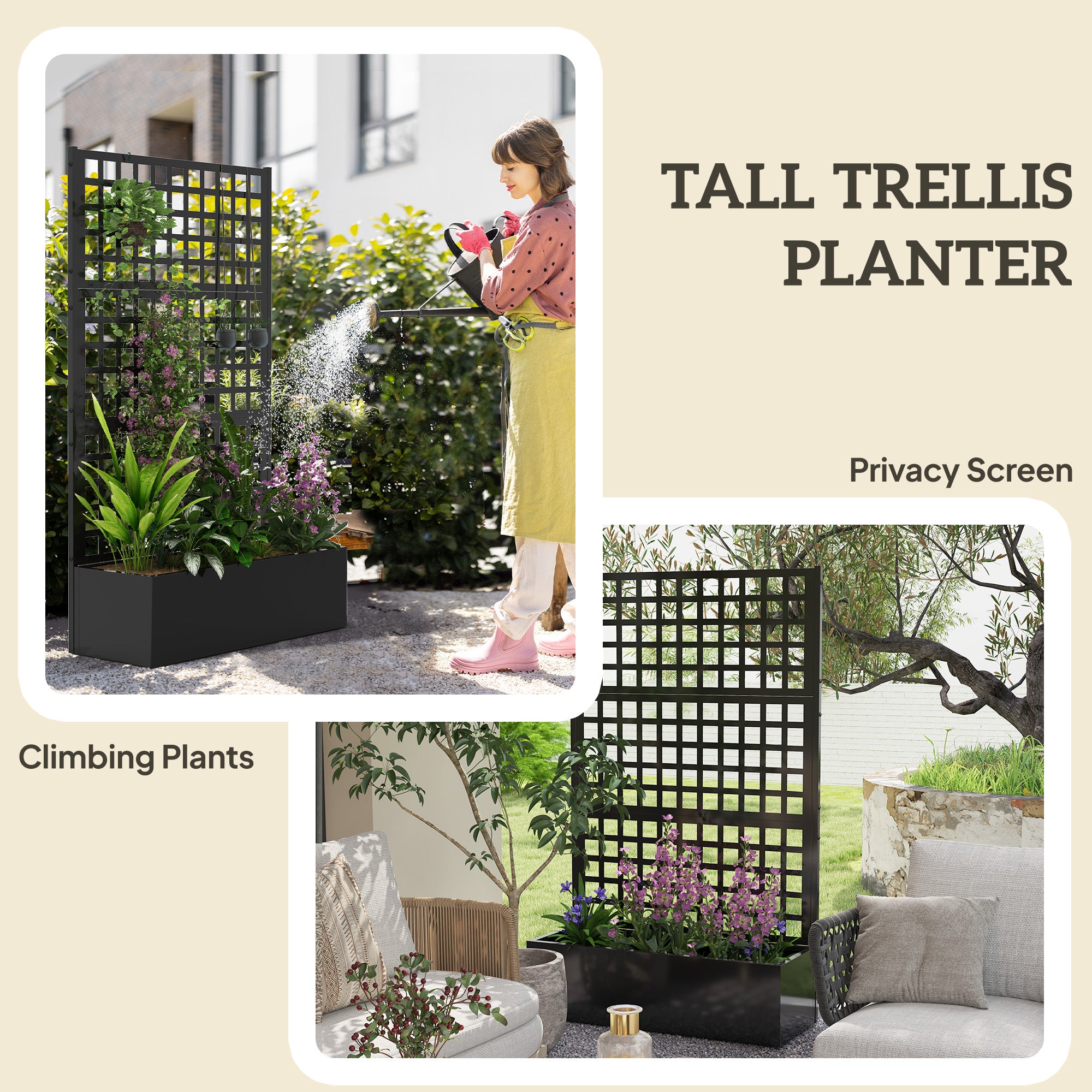 Galvanized Raised Garden Bed Planter Box with Trellis for Climbing Plants, Vegetable, Vines, 43" x 16" x 70", Black - Black - Image 5