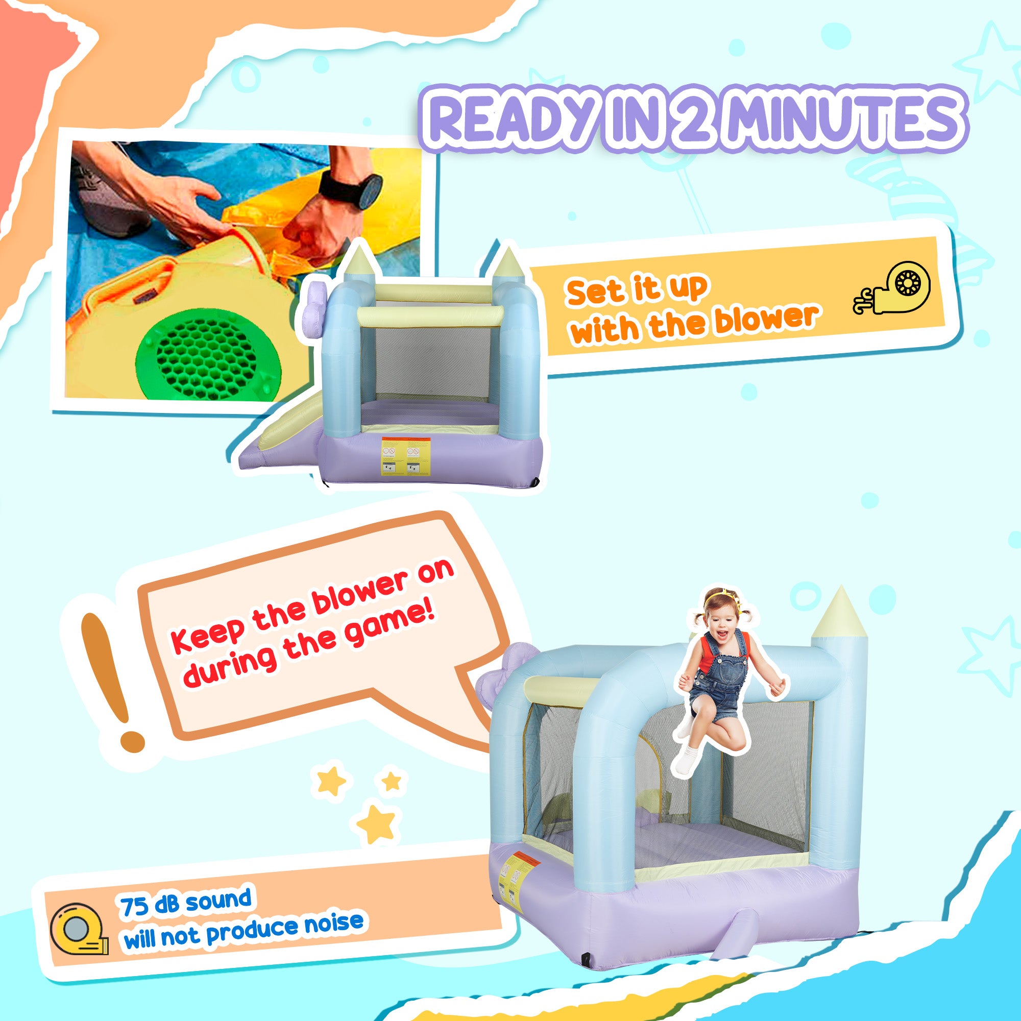 Inflatable Bounce House with Air Blower, Slide, Stakes, Repair Patches, Storage Bag, for Kids Ages 3-8, 98" x 65" x 79"
