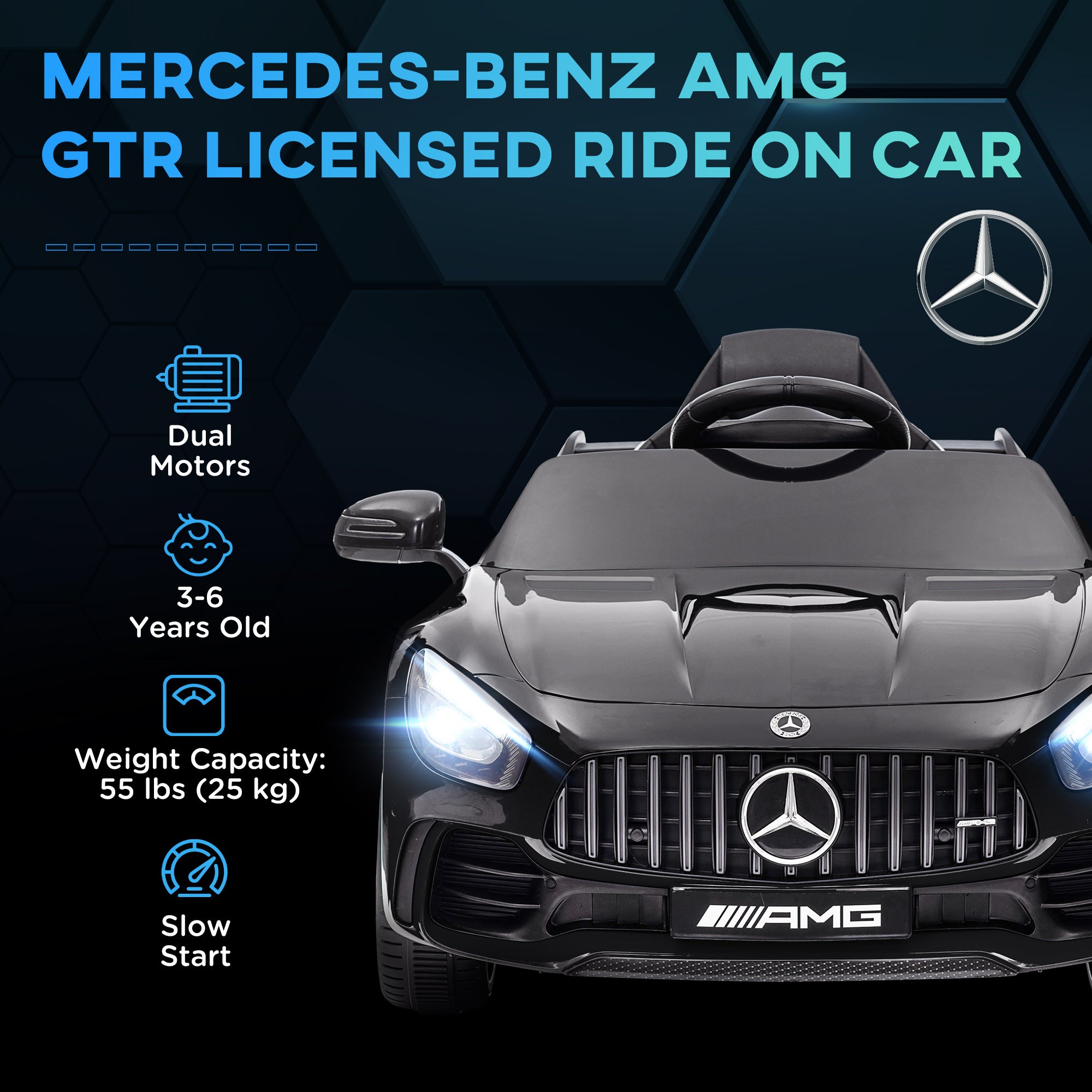 Mercedes-Benz AMG GTR Licensed 12V Battery Powered Kids Electric Car w/ Remote Control & Soft Start, Black