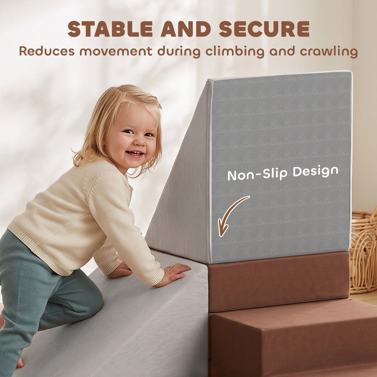 Foam Climbing Blocks, 8PCS Climbing Toys, Velvet Fabric, Foam, Non-Slip, Kids Soft Play Set for Crawling, Ages 1+, Brown