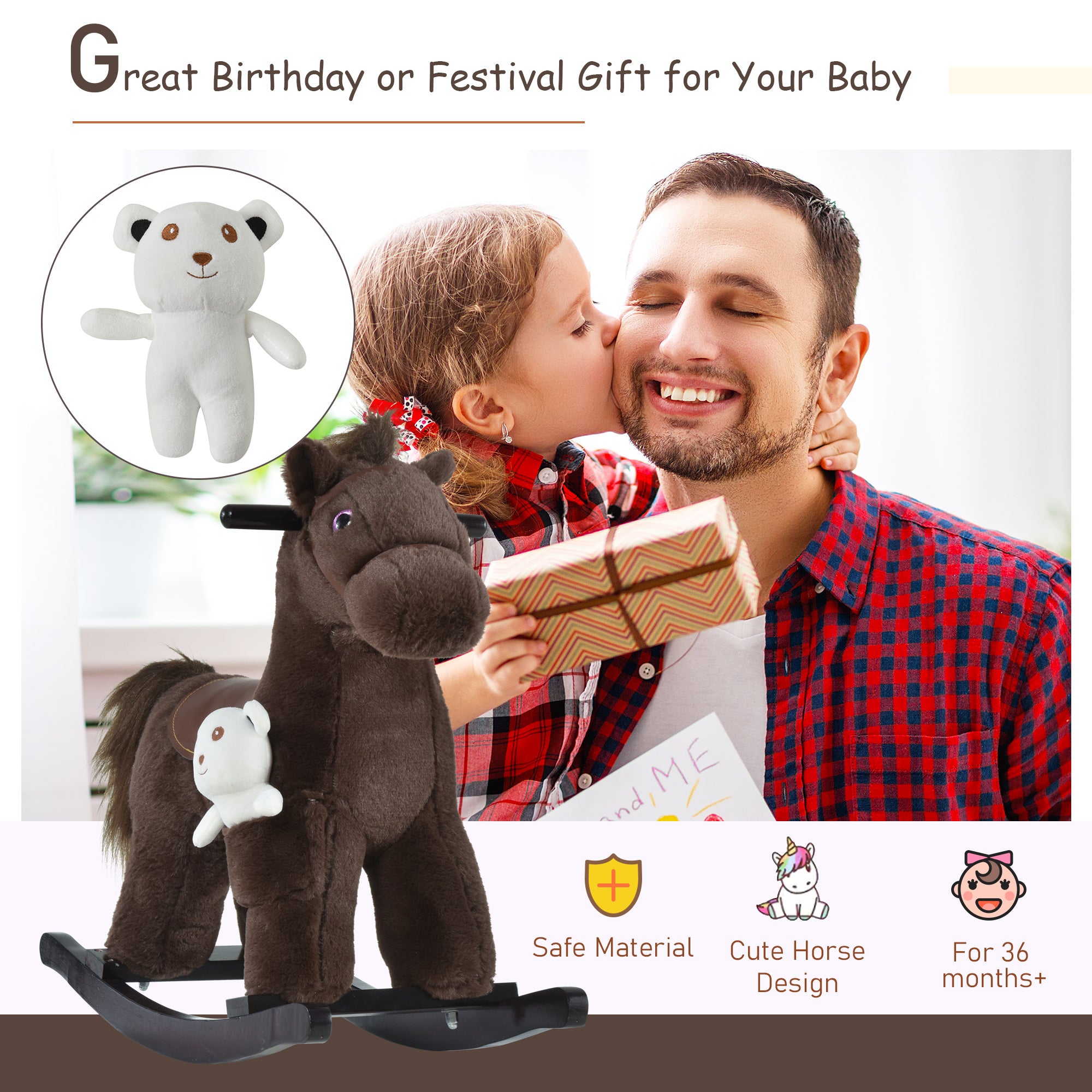 Kids Rocking Horse with Bear Toy, Plush Animal Rocker with Fun Realistic Sounds for Toddler 18-36 Months, Brown