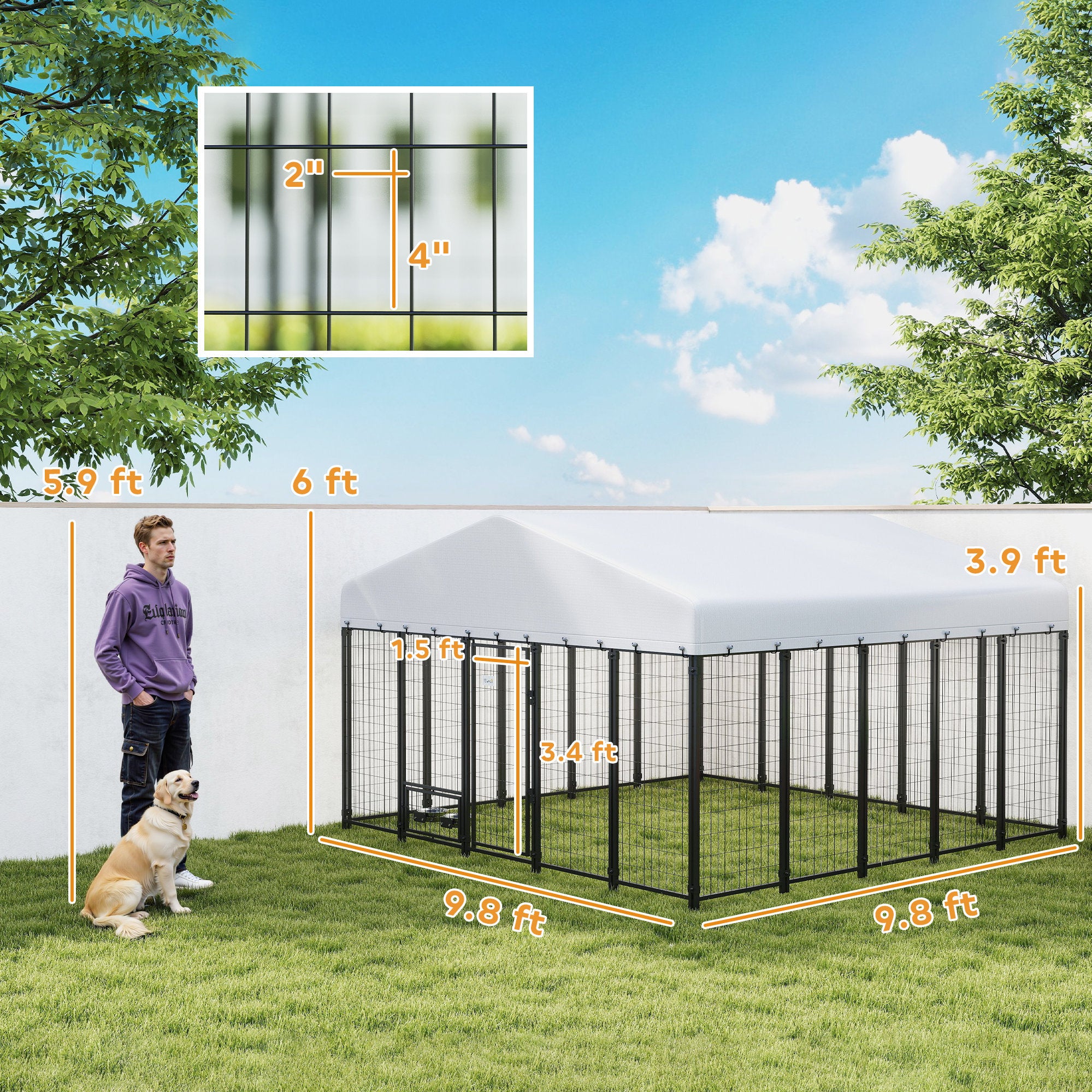 9.8' x 9.8' x 6' Outdoor Dog Kennel, Dog Kennel Outside Run with 360° Rotating Bowls, Waterproof & UV Resistant Cover - Silver - Image 3