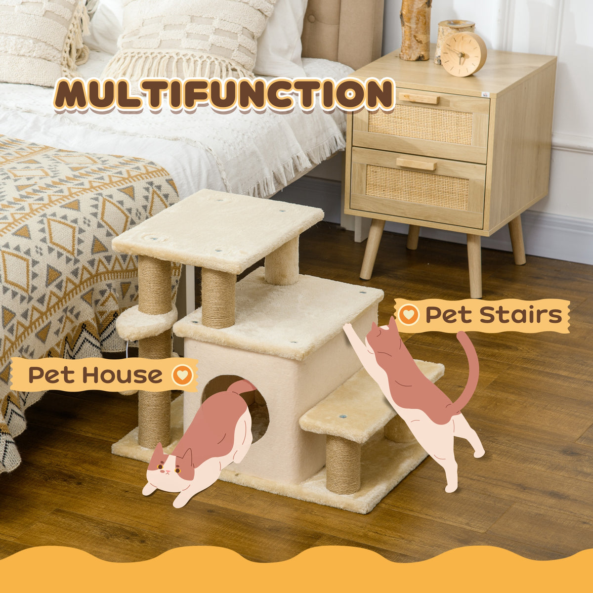 Adjustable Height 3 Step/4 Step Cat Stairs w/ Jute Cat Scratching Post, Cat Condo, Toy Ball, for Bed, Sofa, Couch, Beige