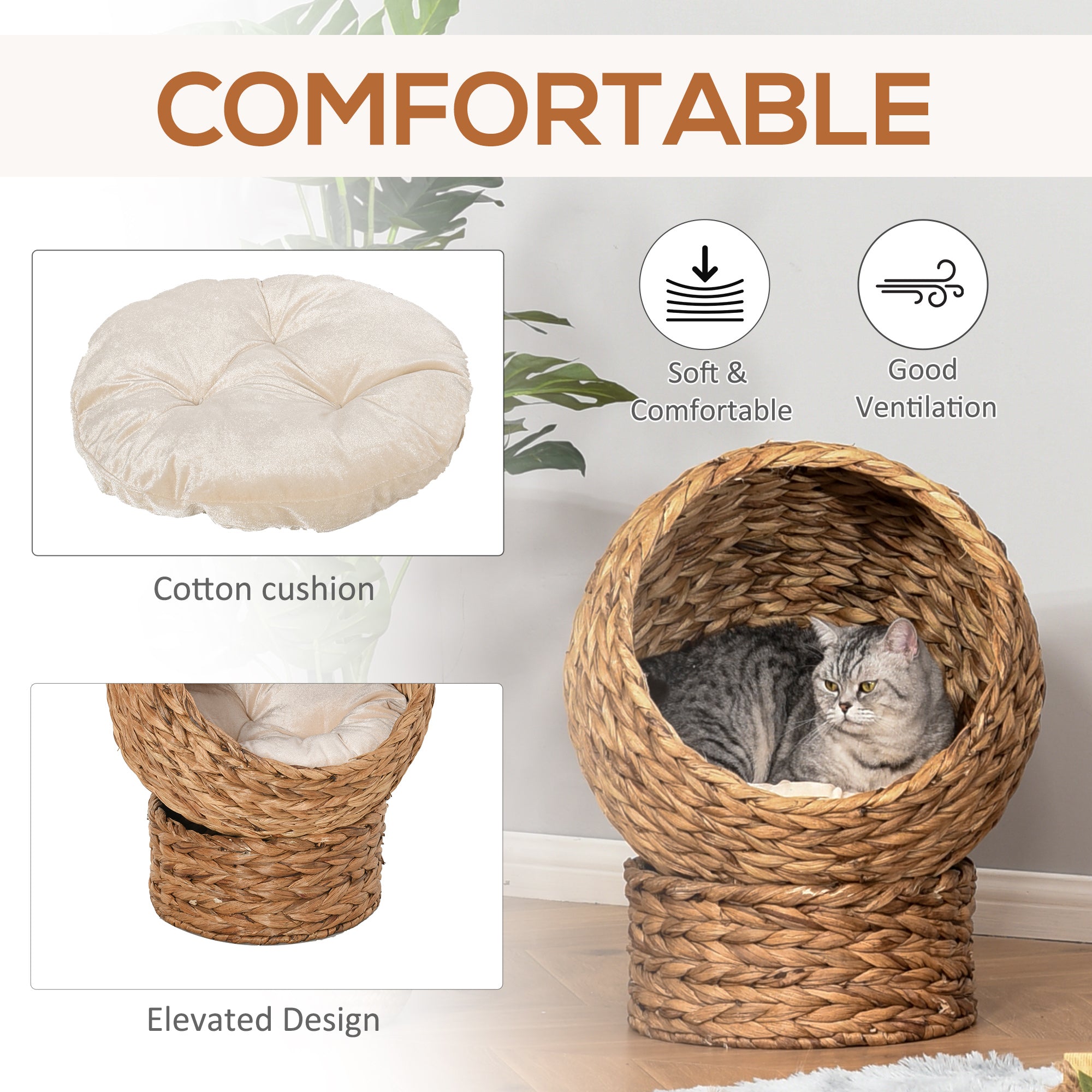 20" Natural Braided Banana Leaf Elevated Cat Bed Basket with Cushion - Brown - Brown - Image 5