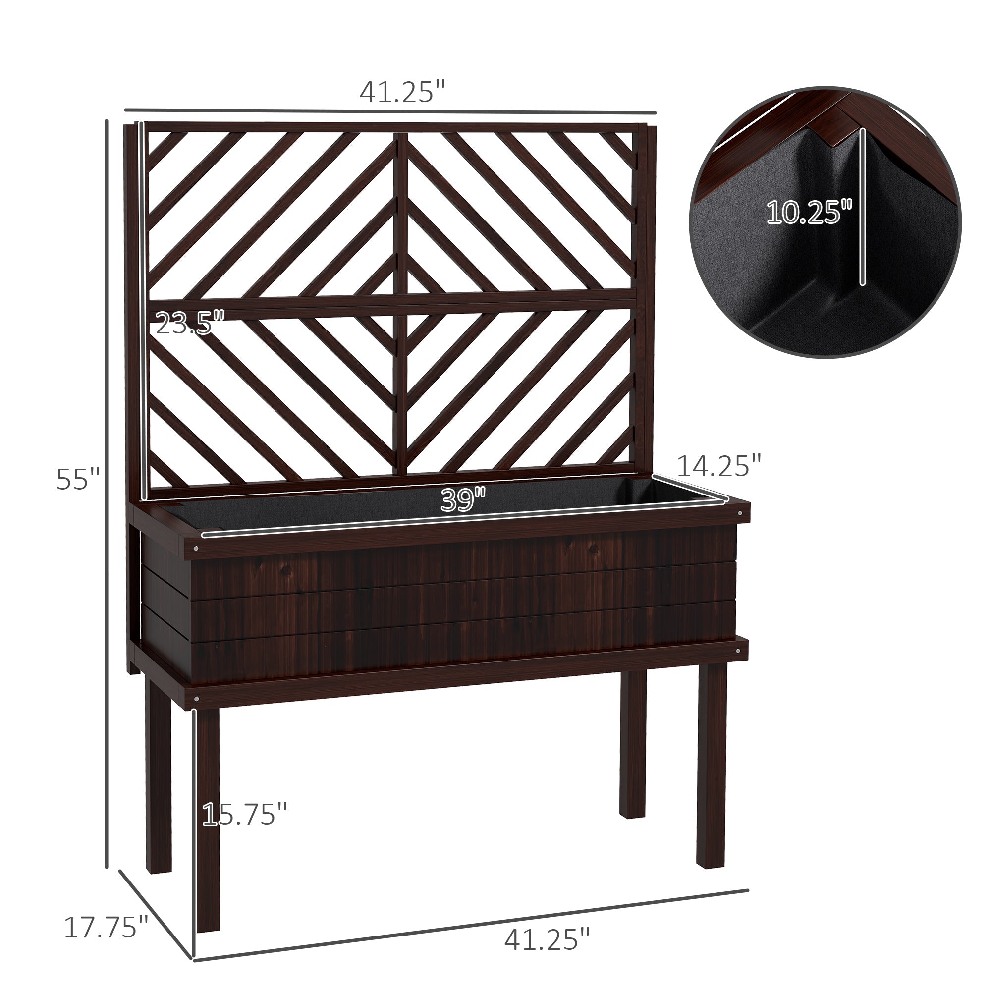 Elevated Wood Planter with Trellis for Climbing Plants, Raised Garden Bed with Legs and Drainage Holes, Carbonized - Carbonized - Image 3