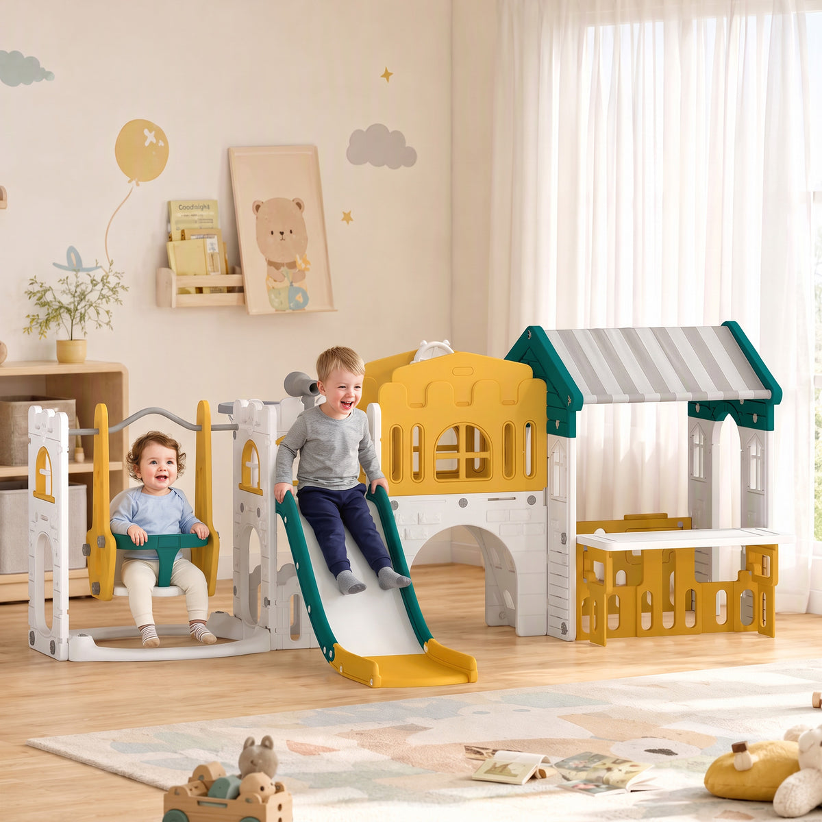 11 in 1 Toddler Slide and Swing Set w/ Playhouse, Kids Slide Playset Indoor Playground for 1-4 Years, Yellow