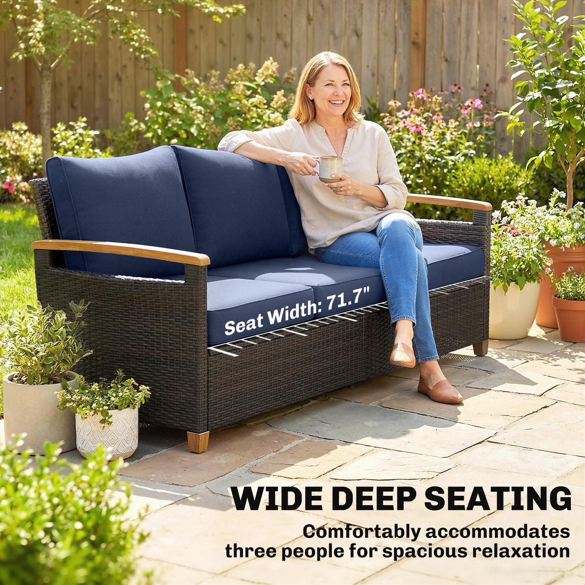 3 Seater Outdoor Couch Sofa, PE Wicker Patio Sofa, Wide Deep Seat, 4" Cushions, Wood-Effect Armrests Legs, Dark Blue