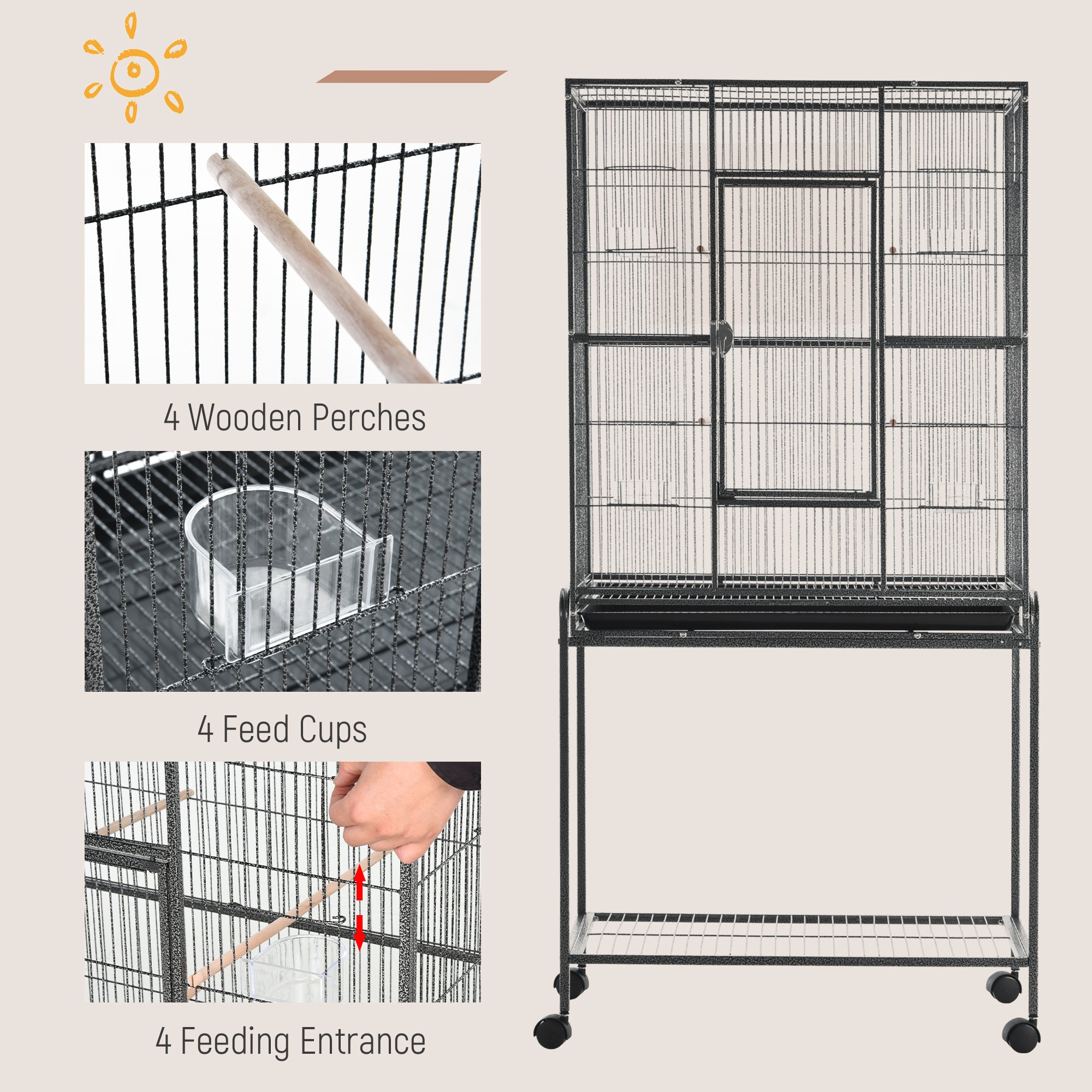 30" Rolling Metal Bird Cage Feeder with Detachable Rolling Stand, Storage Shelf, Wood Perch & Food Container - Black and Gray - Image 5